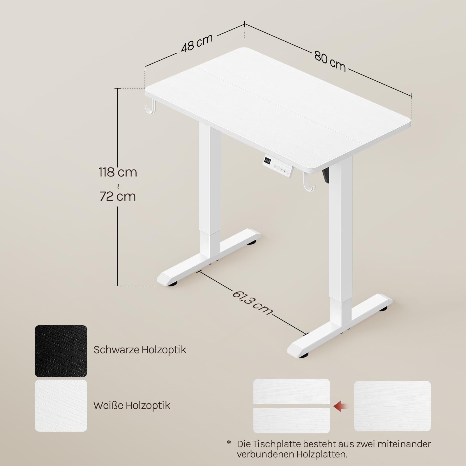 Dessin technique d'un bureau blanc réglable en hauteur avec dimensions et deux options de couleur.