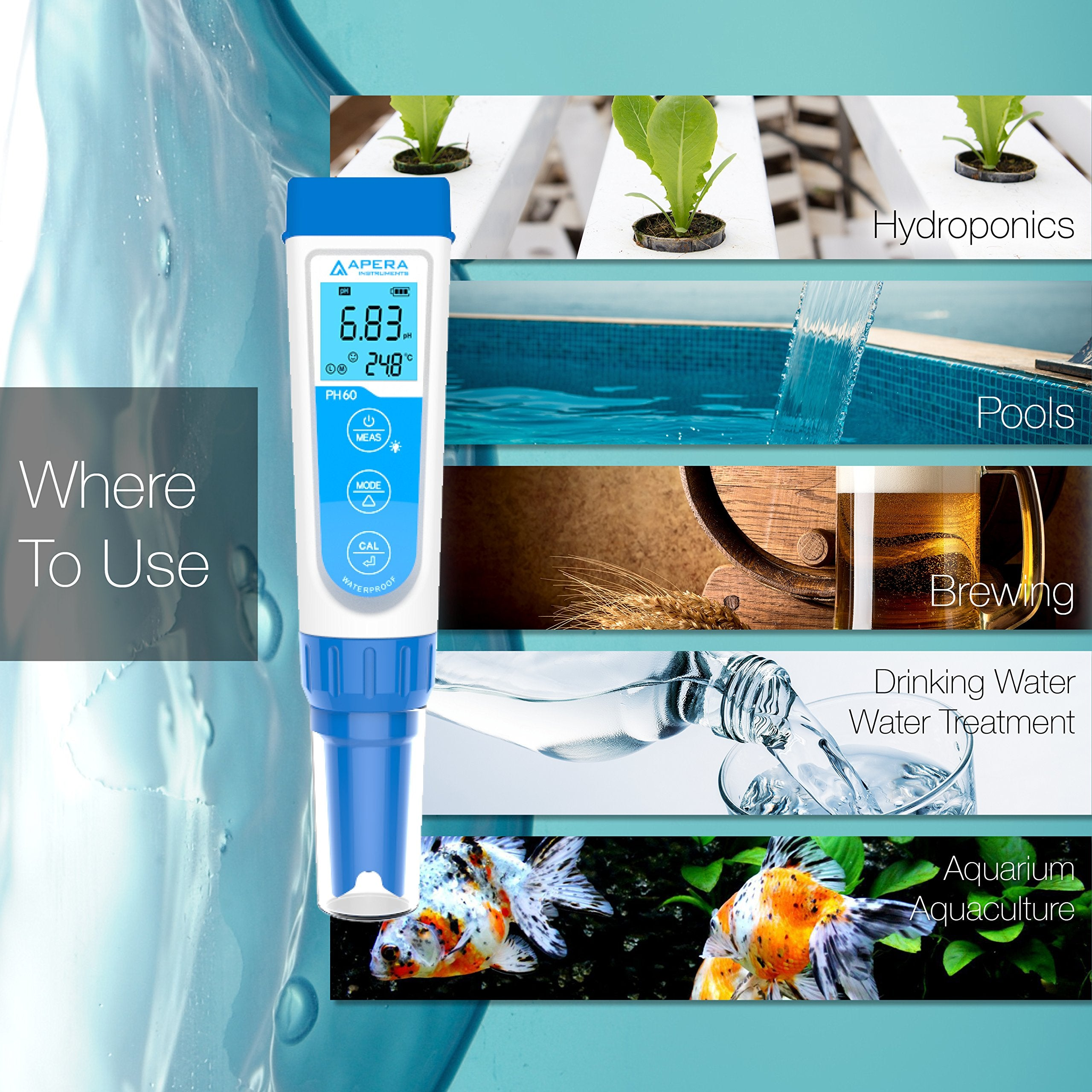 Tester pH digitale mostrato con applicazioni in idroponica, piscine, birrificio e acquari.
