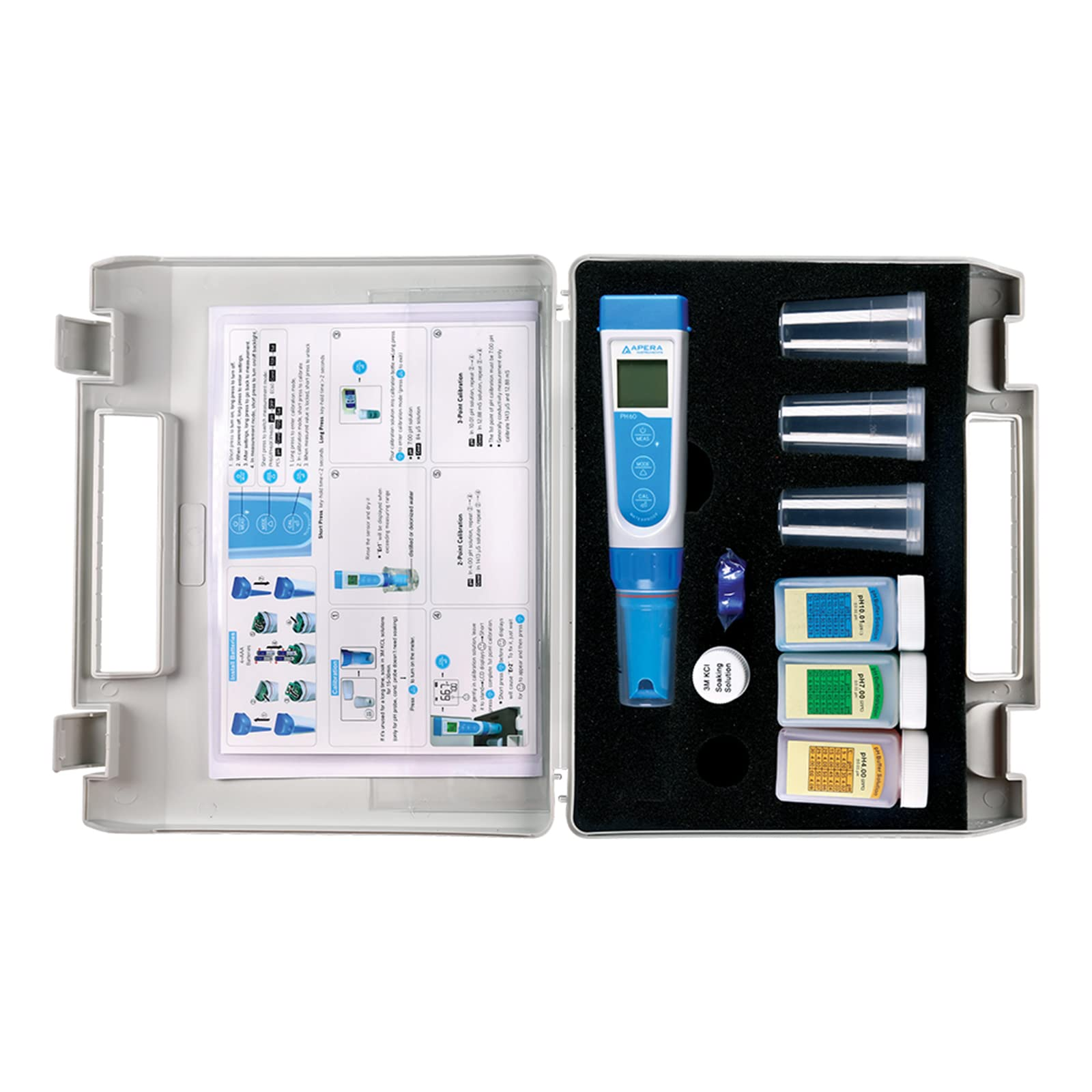 Un kit pHmetro in valigetta grigia con istruzioni di calibrazione, sonda e soluzioni tampone.