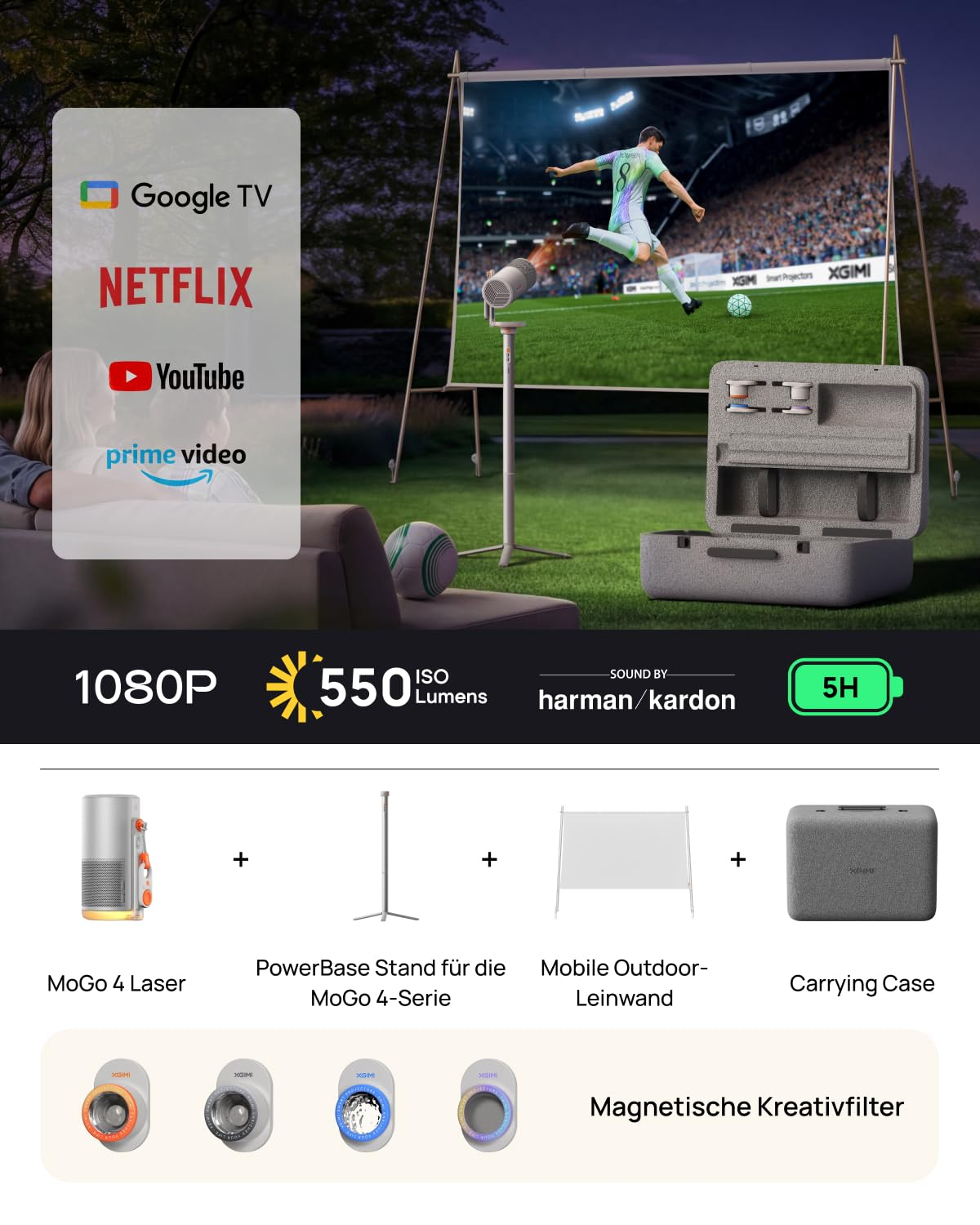 Projecteur portable avec écran, support, étui et applications comme Google TV et Netflix.