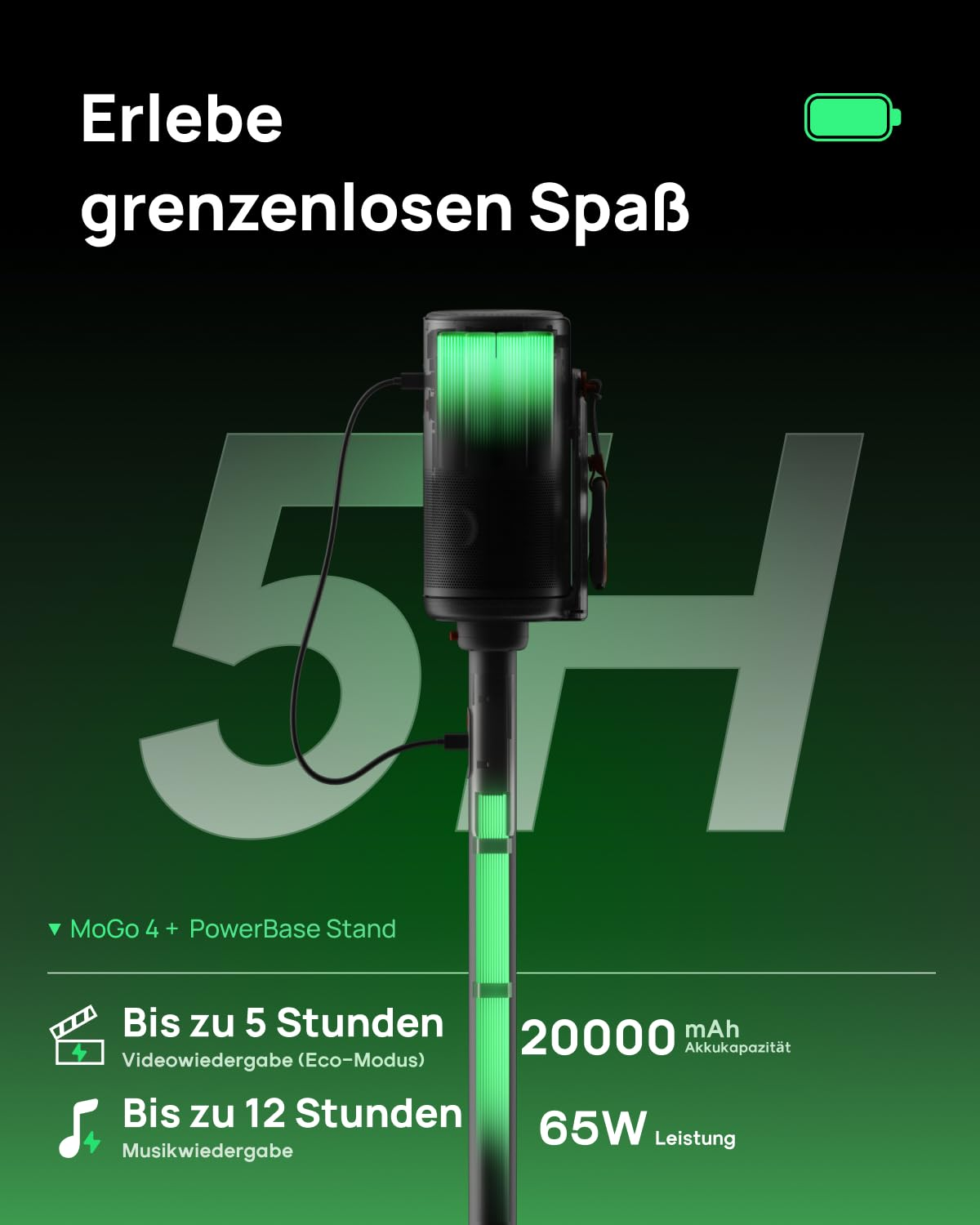 Publicité pour MoGo 4 et PowerBase Stand avec batterie 20000mAh et 65W de puissance sur fond vert.