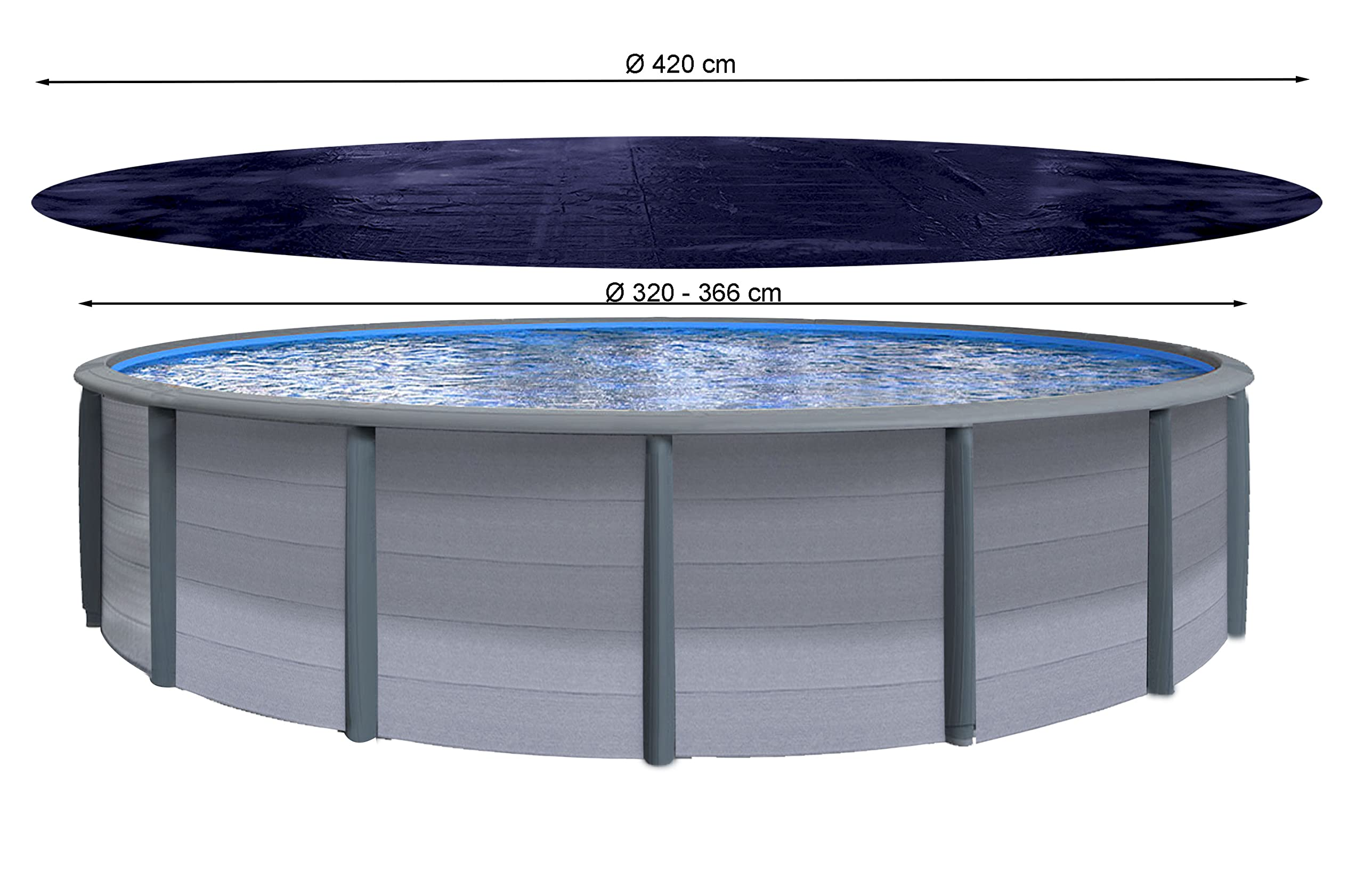 Piscine hors-sol ronde avec panneaux gris et bâche sombre au-dessus avec dimensions.