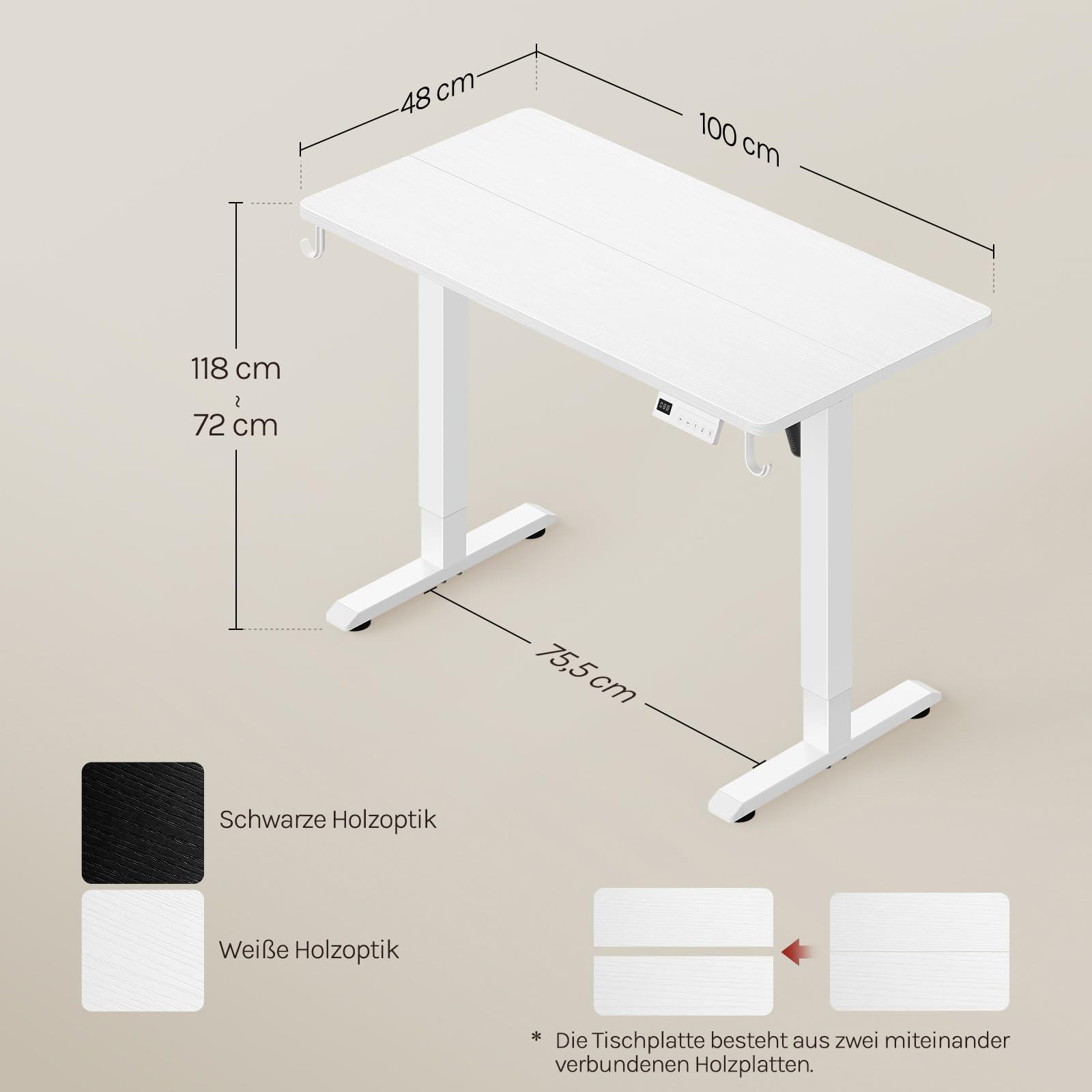 Bureau blanc réglable en hauteur avec dimensions et deux options de couleur : noir et blanc.