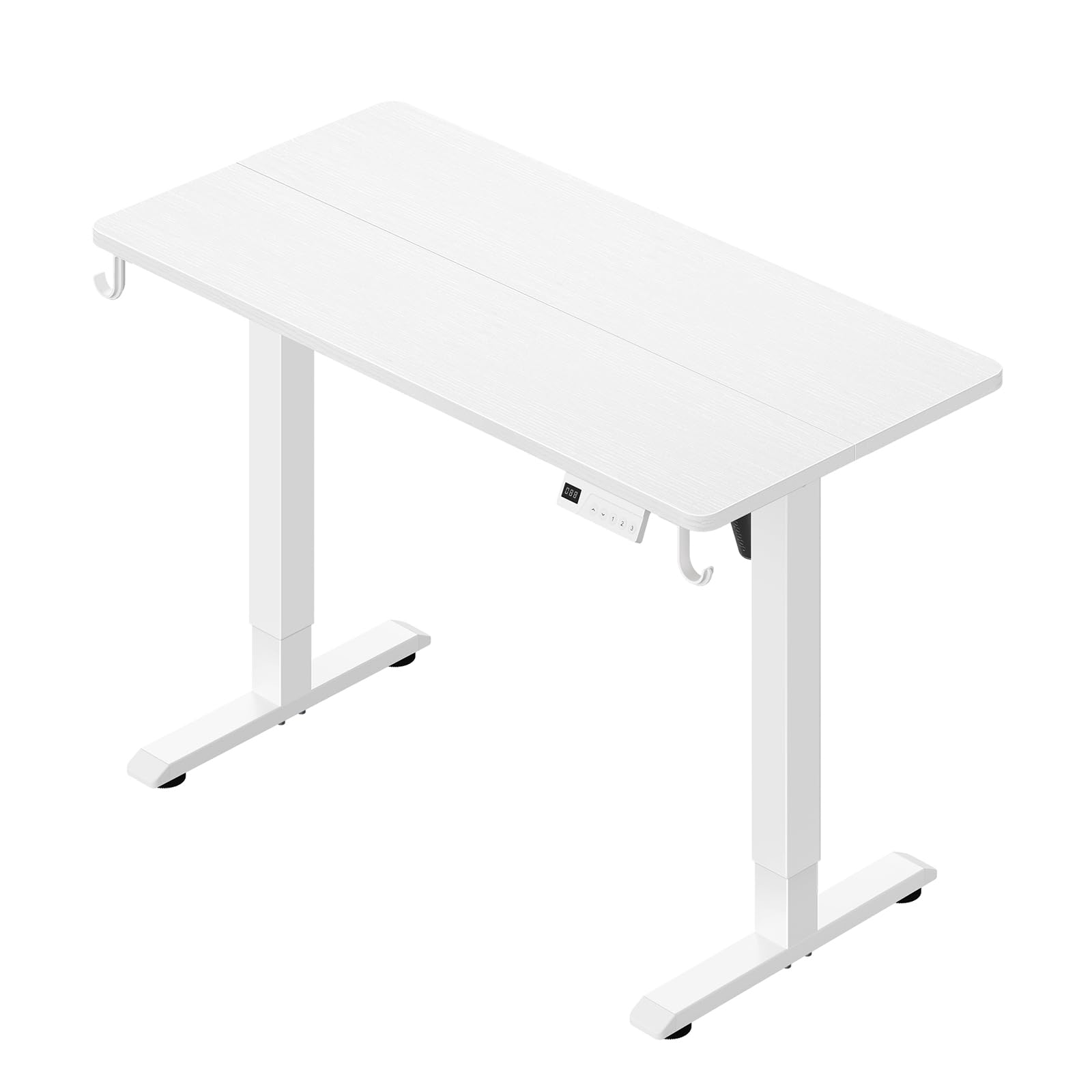 Un bureau debout réglable blanc avec deux pieds et un panneau de commande.