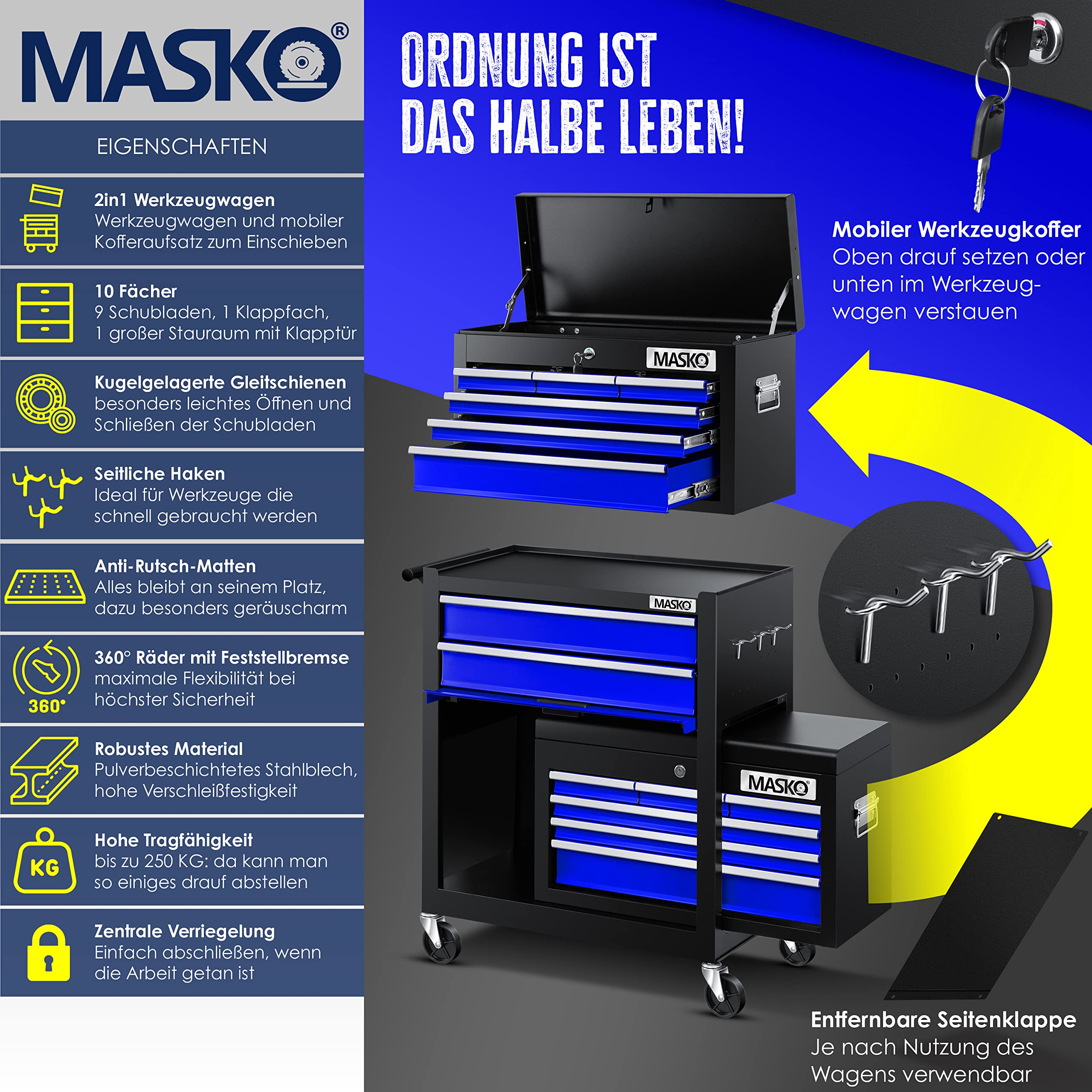 Werbung für einen MASKO Werkzeugwagen mit blauen Schubladen, Haken und technischen Eigenschaften.