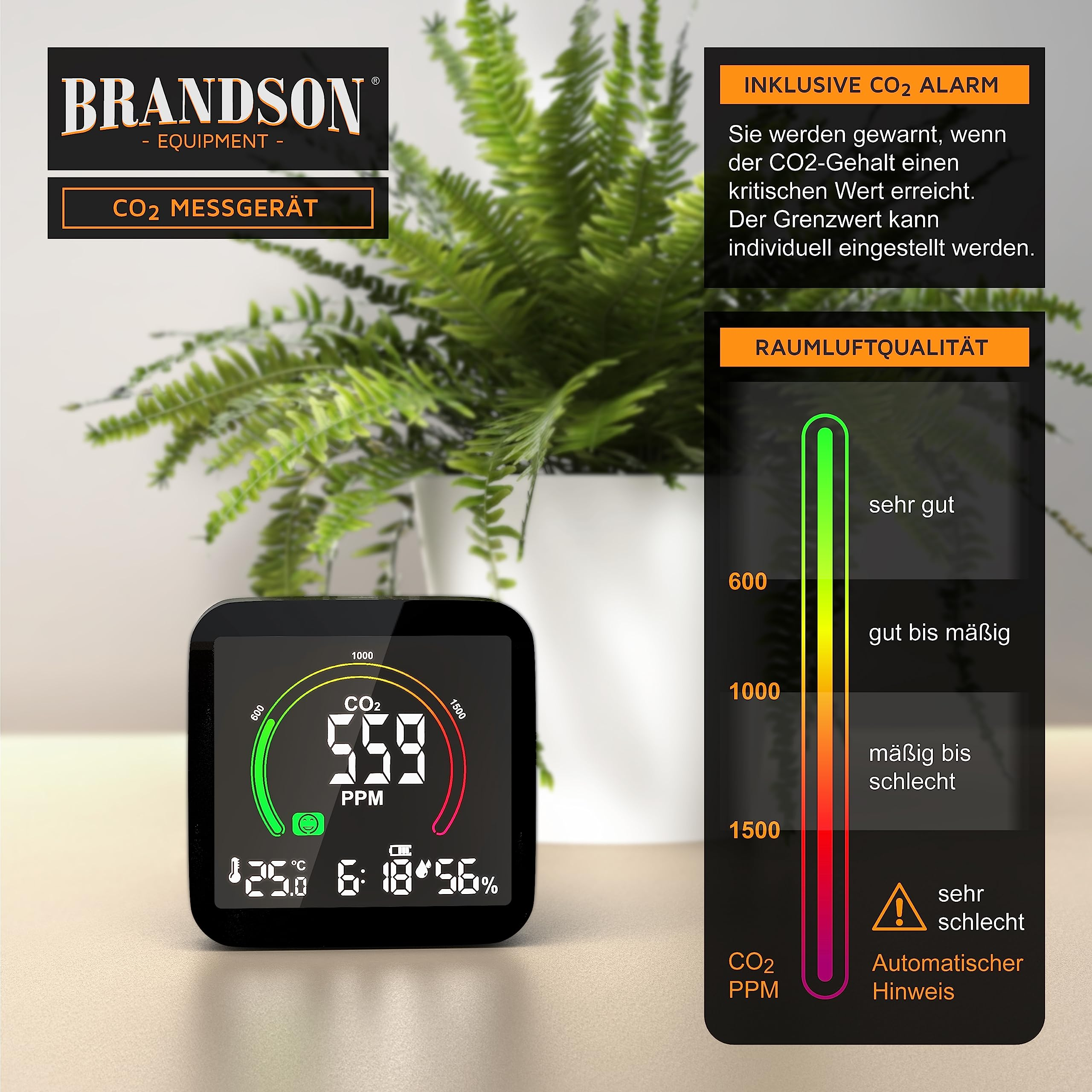 Misuratore di CO2 Brandson con display che mostra 559 PPM, temperatura e umidità davanti a una pianta.