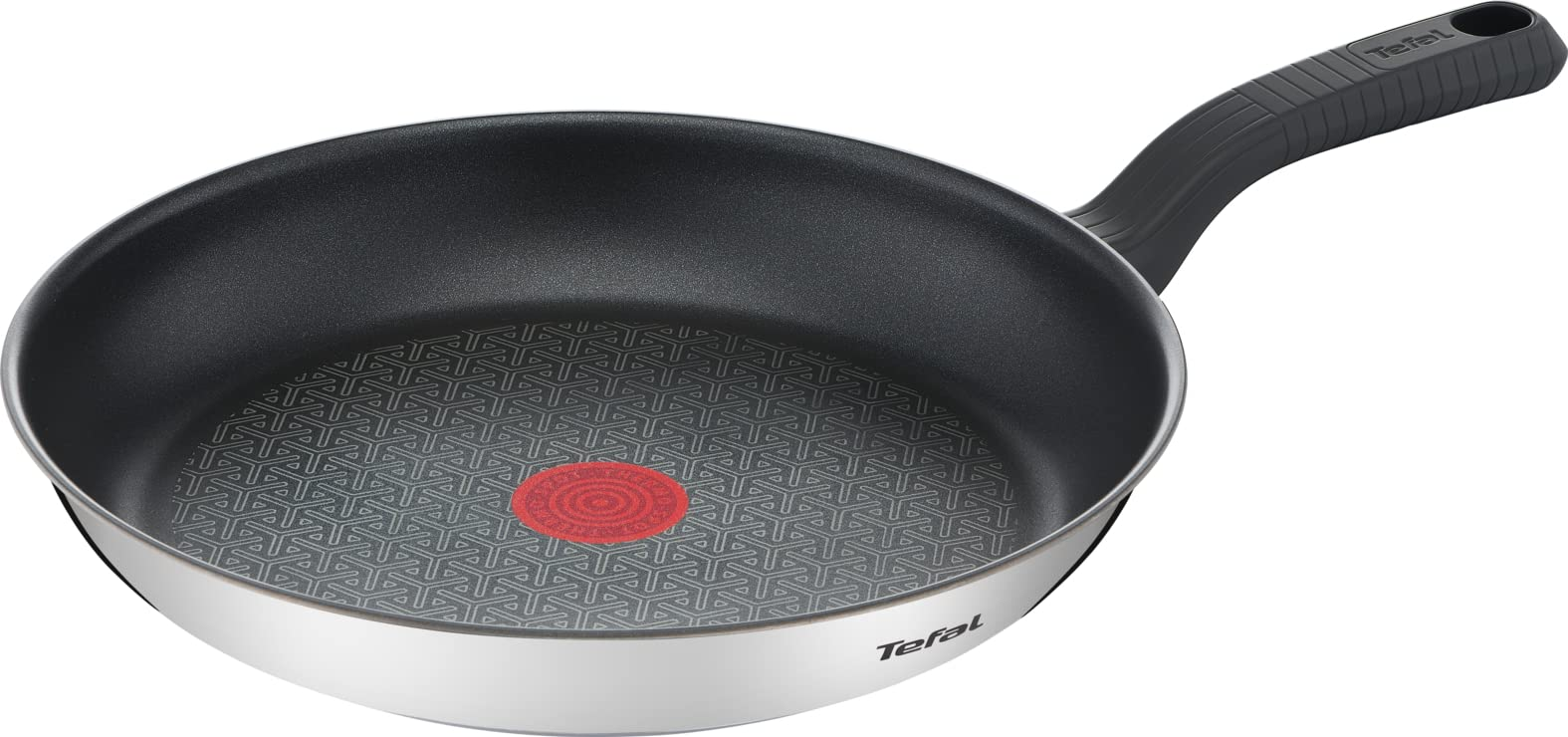 Une poêle Tefal avec revêtement antiadhésif noir, point rouge et manche noir sur fond blanc.