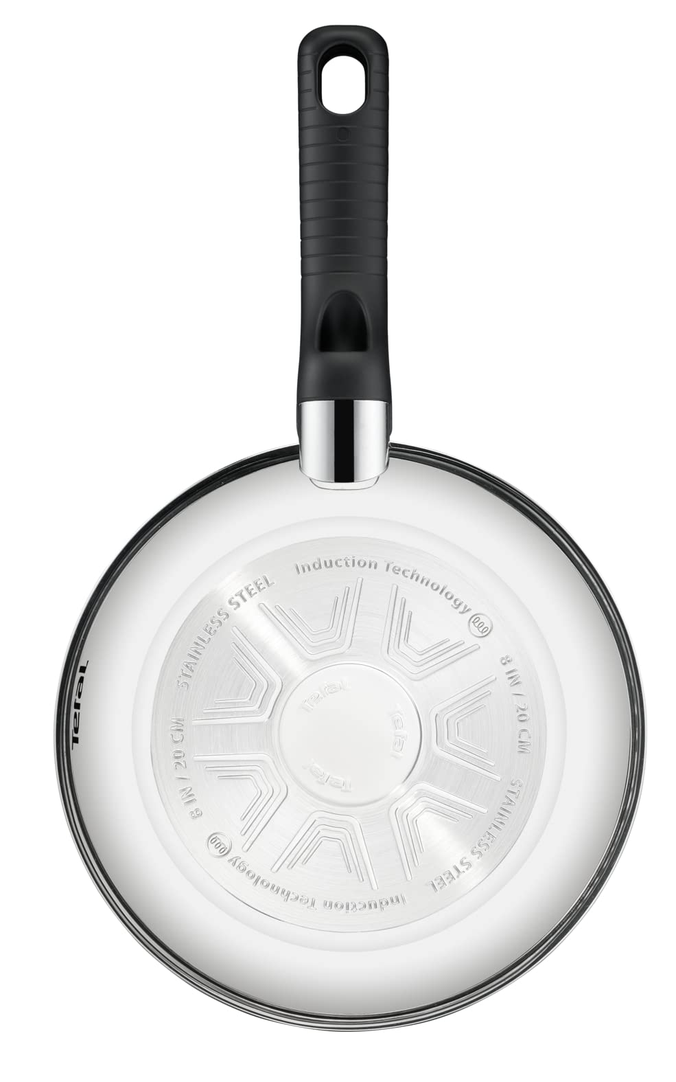 Fond d'une poêle en acier inoxydable avec technologie induction et manche noir sur fond blanc.