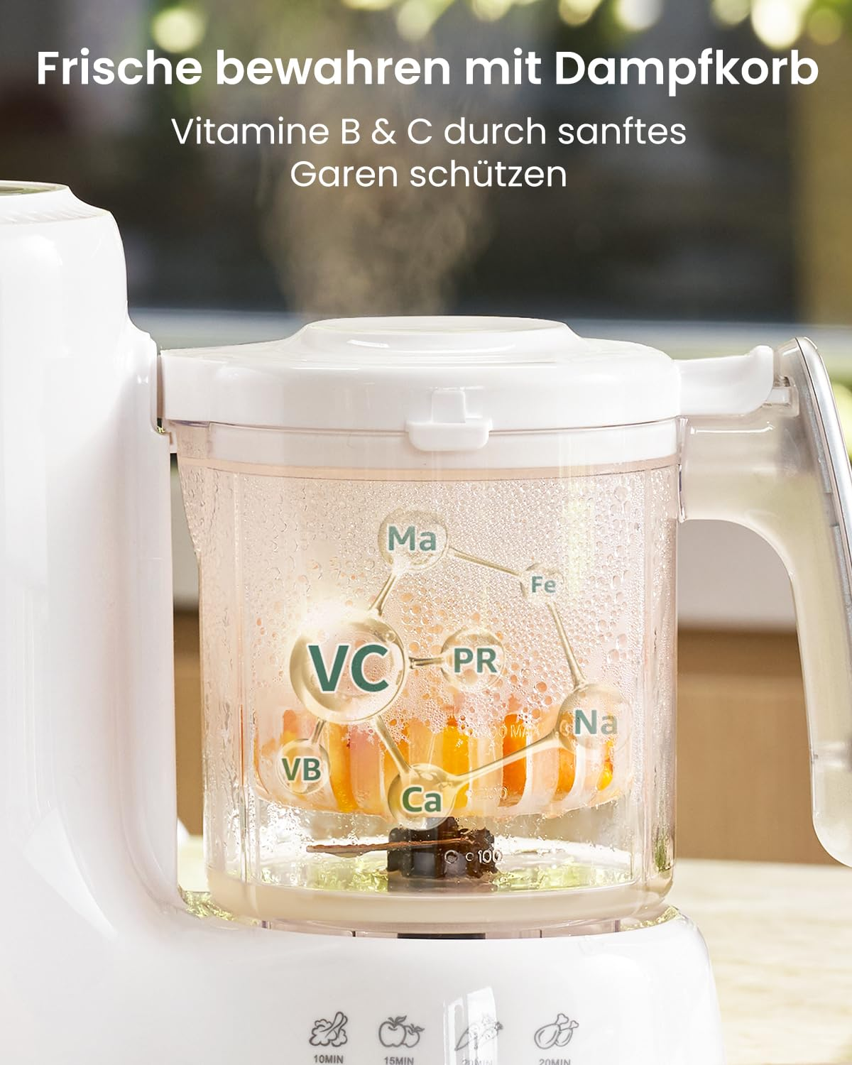 Una vaporiera bianca con contenitore trasparente mostra vapore in salita e icone di vitamine.