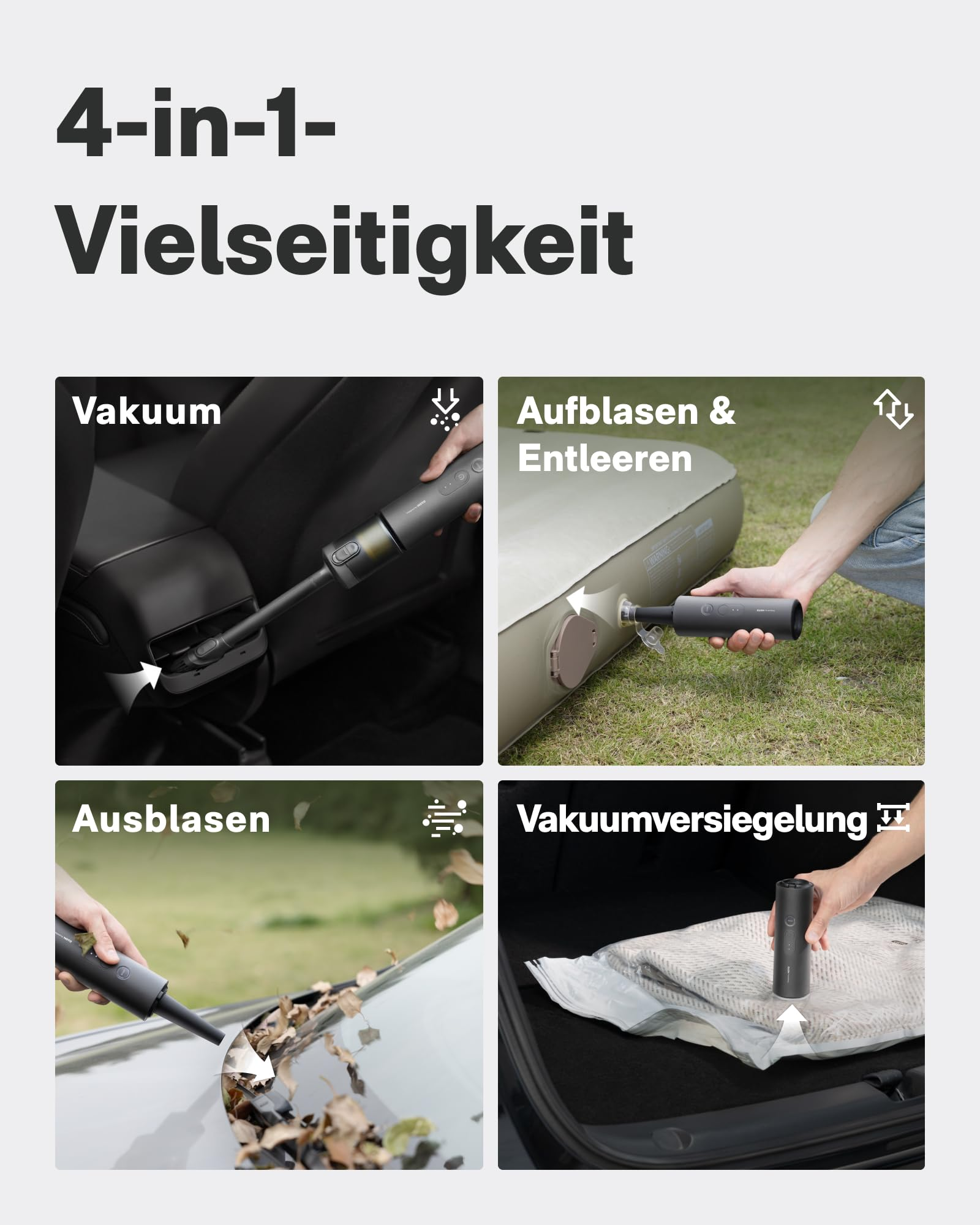 Vier Bilder zeigen die Funktionen eines tragbaren Geräts: Vakuum, Aufblasen, Ausblasen und Vakuumversiegelung.