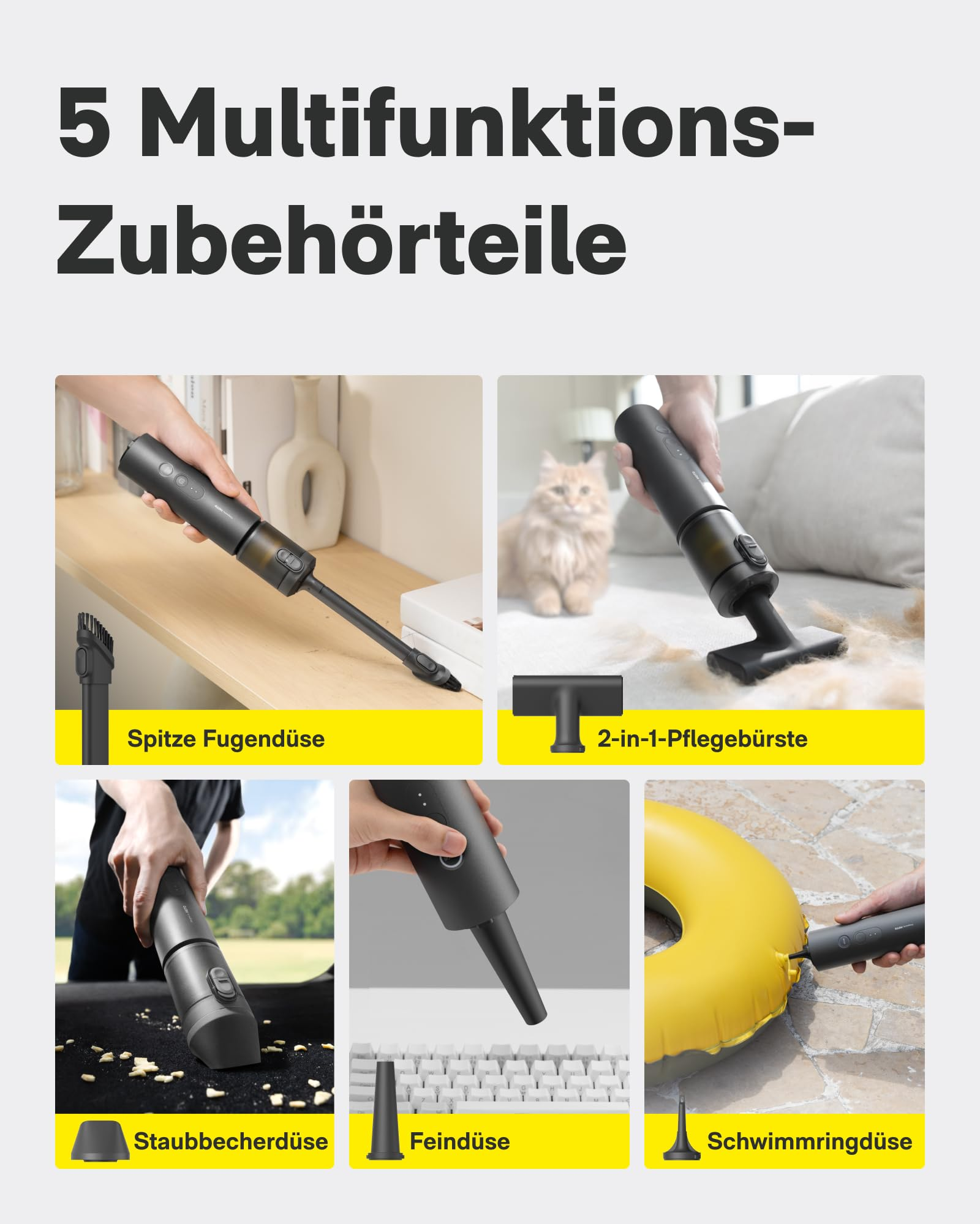 Fünf Multifunktions-Zubehörteile für den Handstaubsauger mit verschiedenen Düsen.