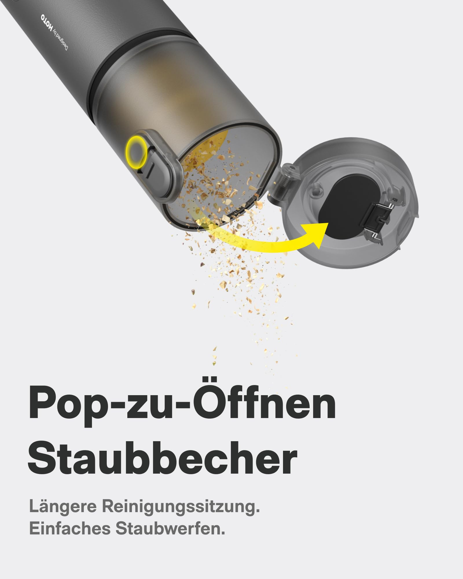 Ein grauer Staubsaugerbecher öffnet sich, Schmutz fällt heraus.