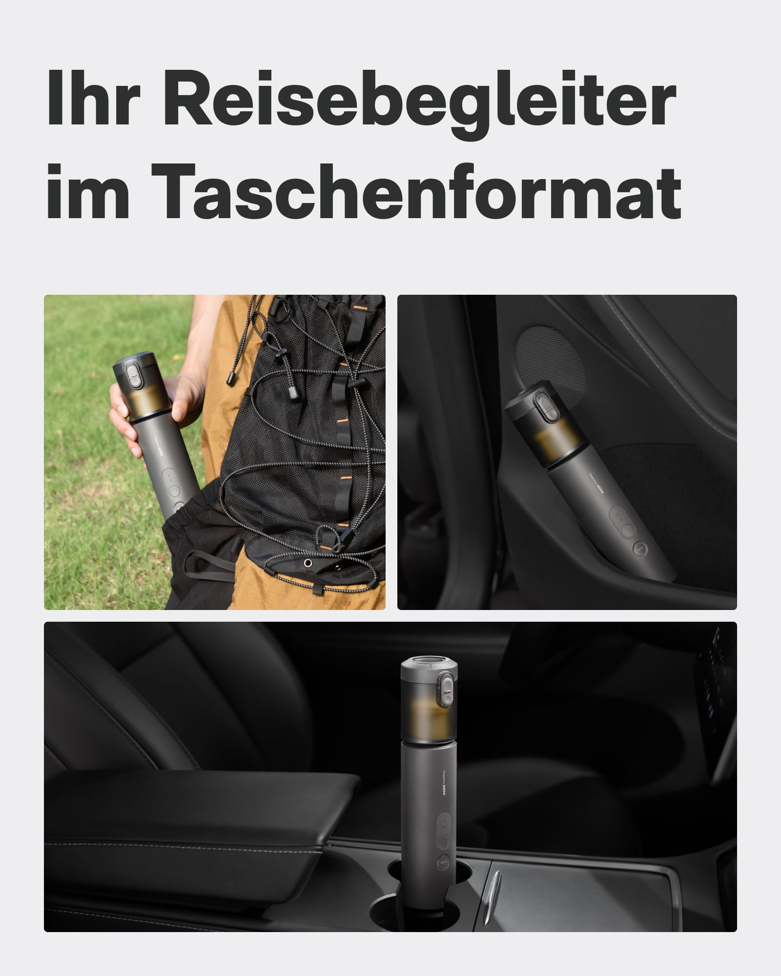 Deutscher Text oben, darunter drei Bilder mit einem tragbaren grauen Staubsauger im Rucksack, Autotür und Becherhalter.