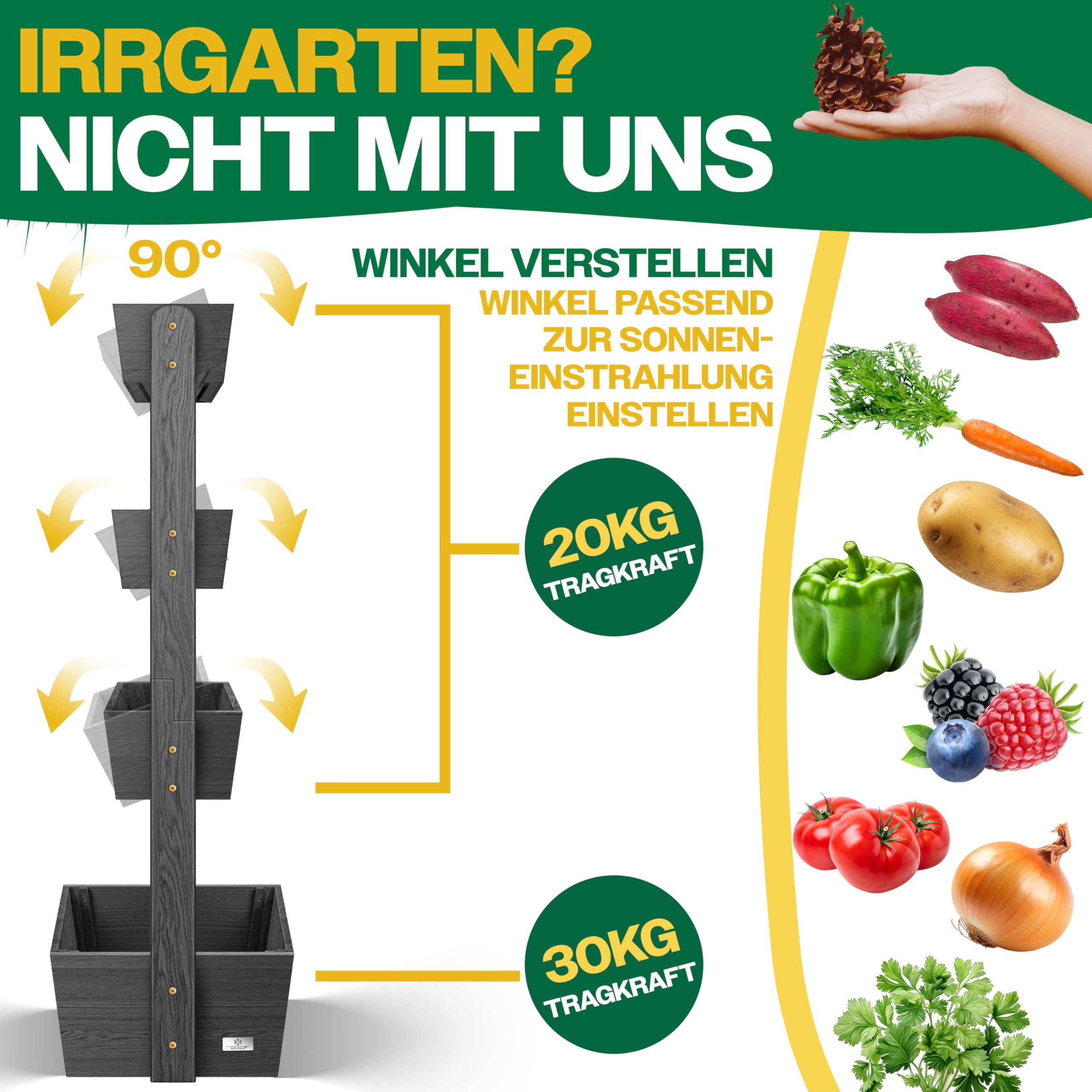 Une jardinière verticale en bois à angles réglables pour divers légumes et herbes.