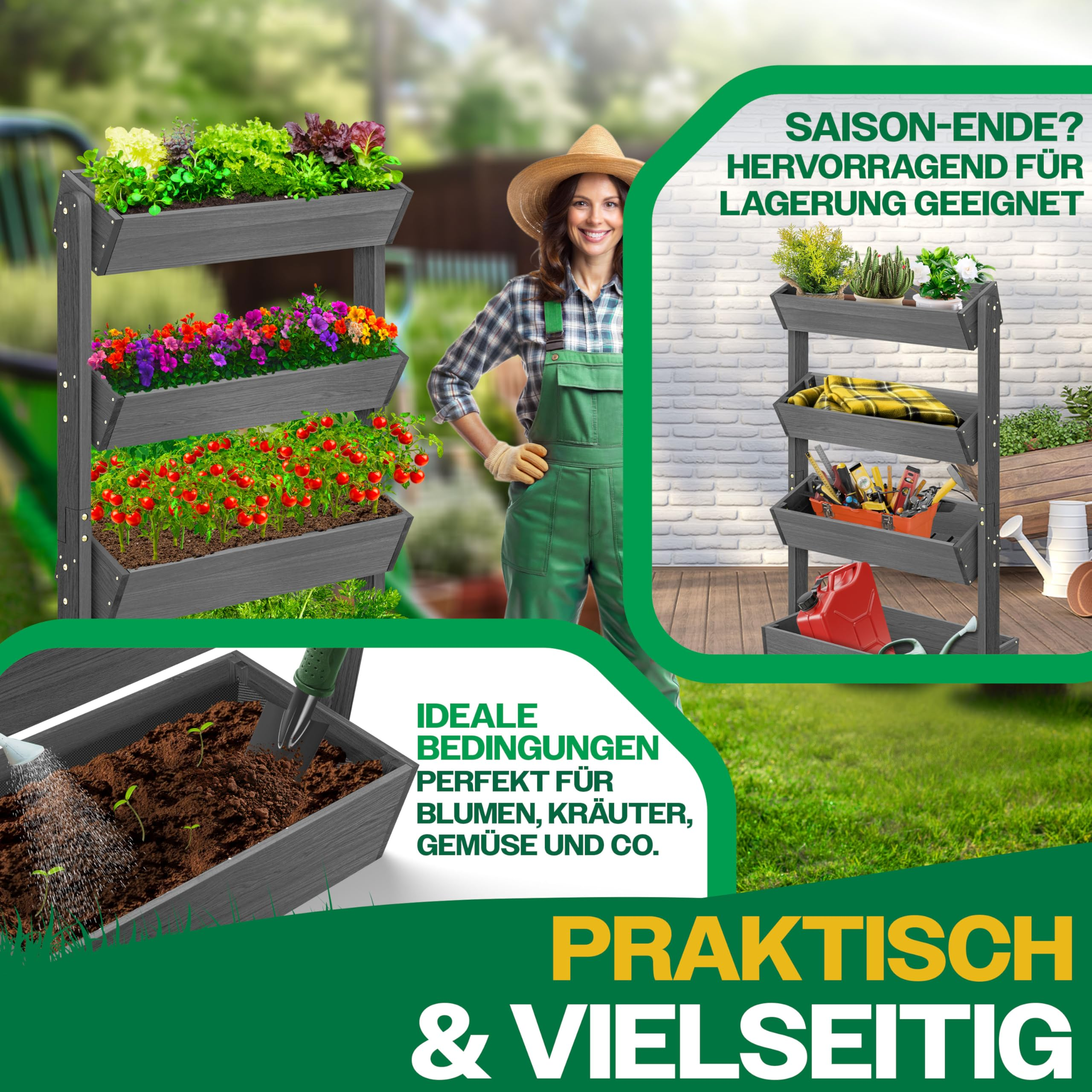 Femme en tenue de jardinage près d'un carré potager gris à plusieurs niveaux rempli de fleurs et légumes.