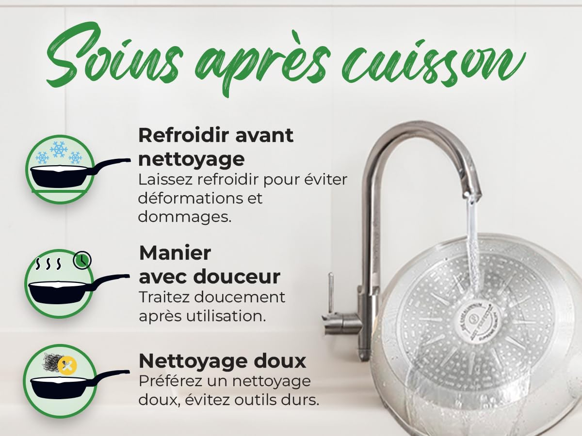 Istruzioni di cura post-cottura con testo in francese e icone, acqua che scorre da un rubinetto su una padella.