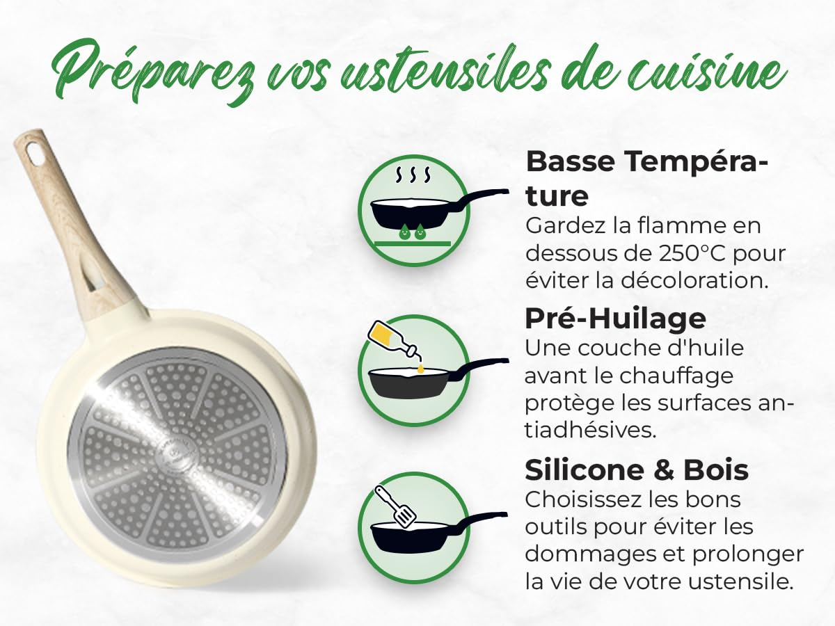 Infografica con consigli per una padella: bassa temperatura, pre-oliatura e utensili in silicone.