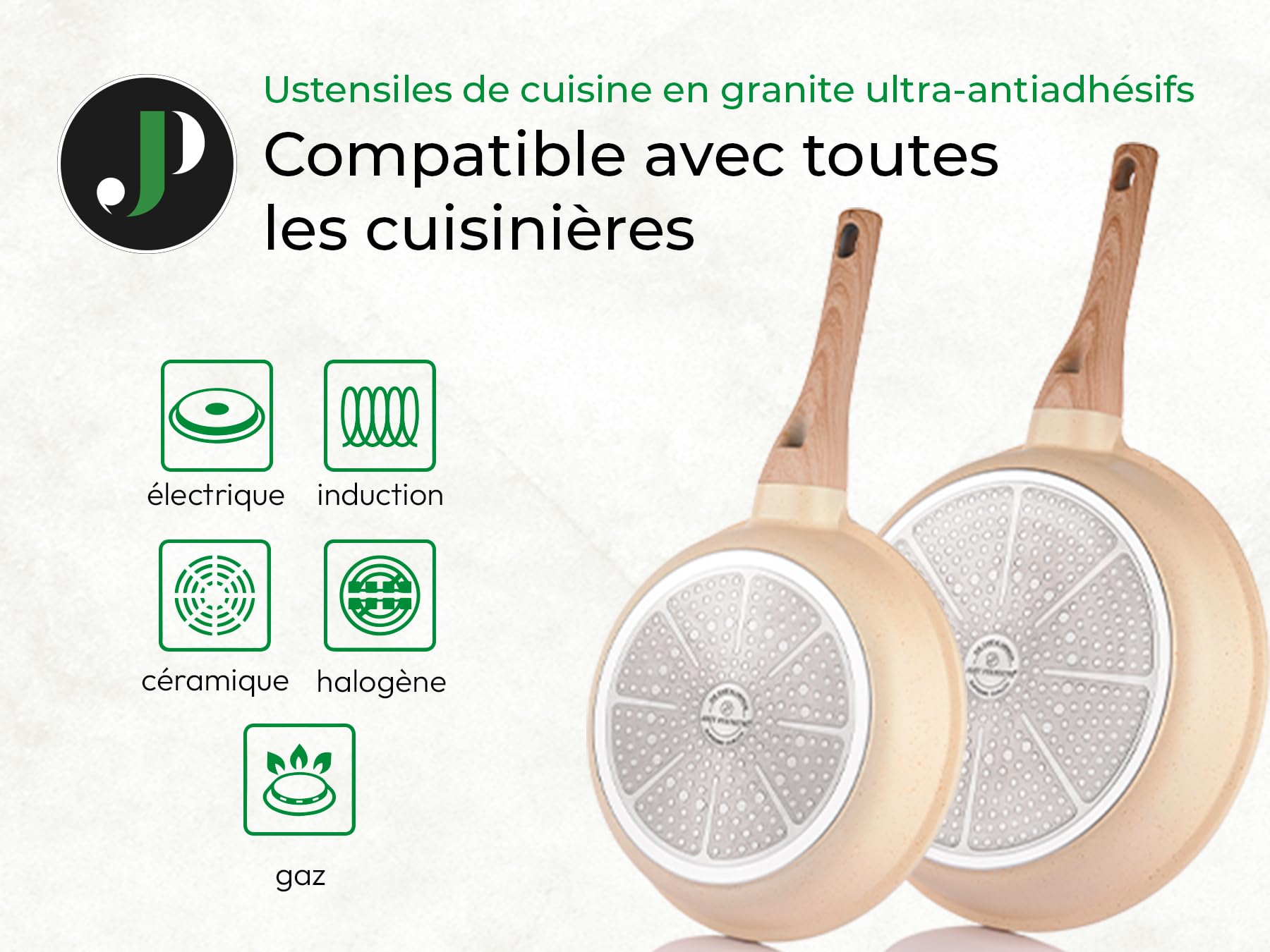 Due padelle beige con manici in legno e fondo a induzione, con testo in francese e icone.