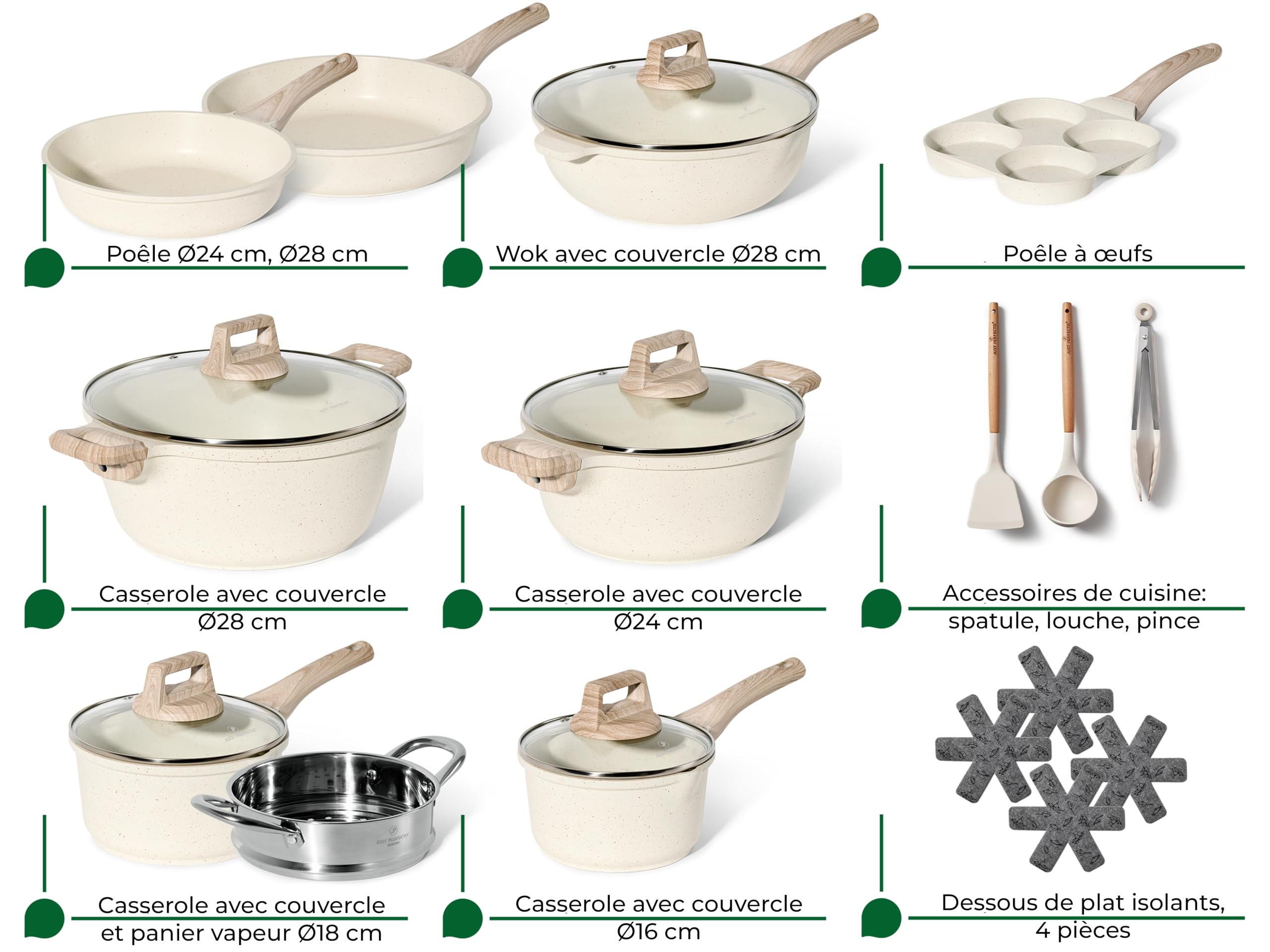 Un set di pentole beige maculate con manici effetto legno, coperchi, utensili e sottopentola grigi.