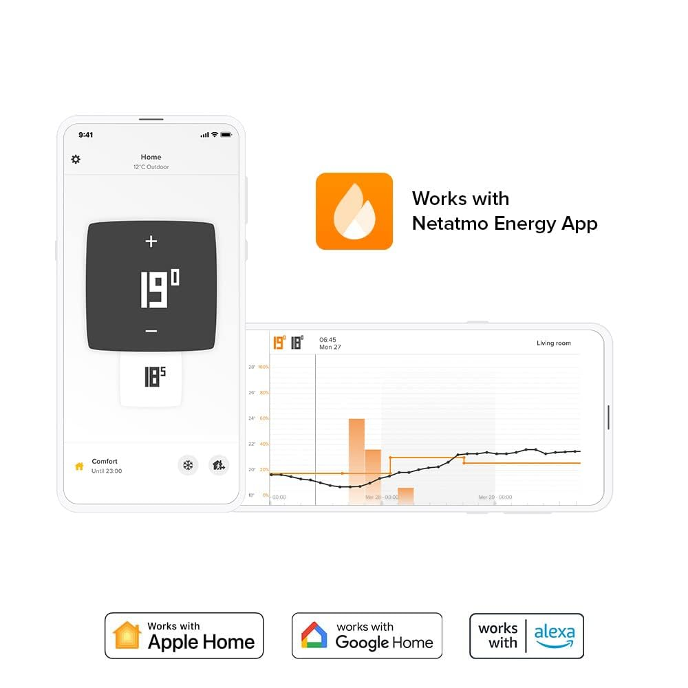 Smart-Thermostat-App-Interface auf zwei Smartphones mit Apple-, Google- und Alexa-Integration.