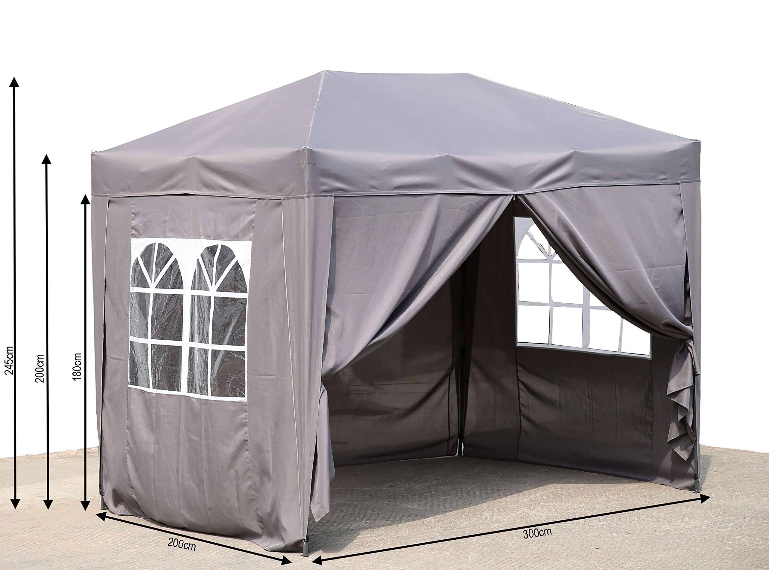 Un gazebo de jardin gris avec des fenêtres et des repères de dimensions.