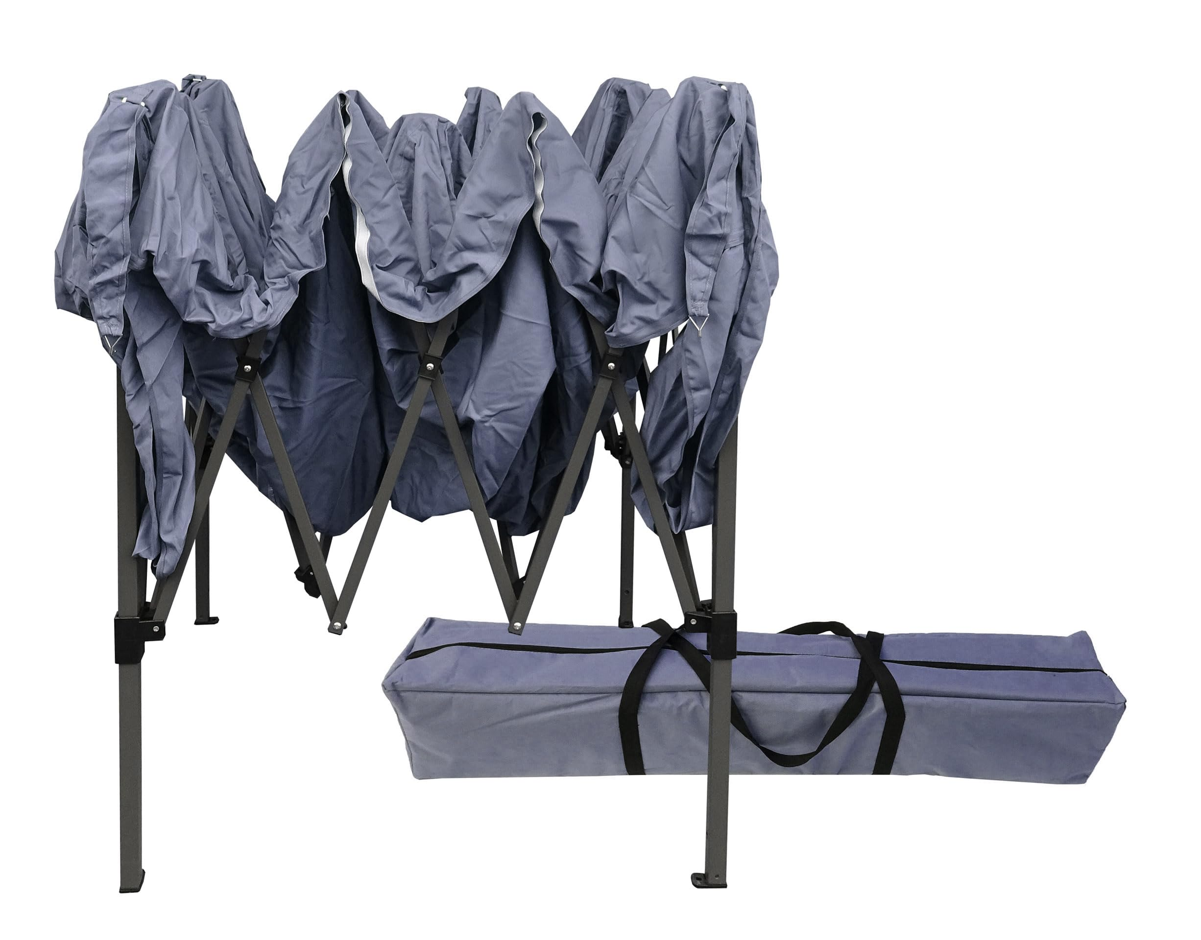 Un gazebo pliant bleu avec armature métallique et sac de transport assorti sur fond blanc.