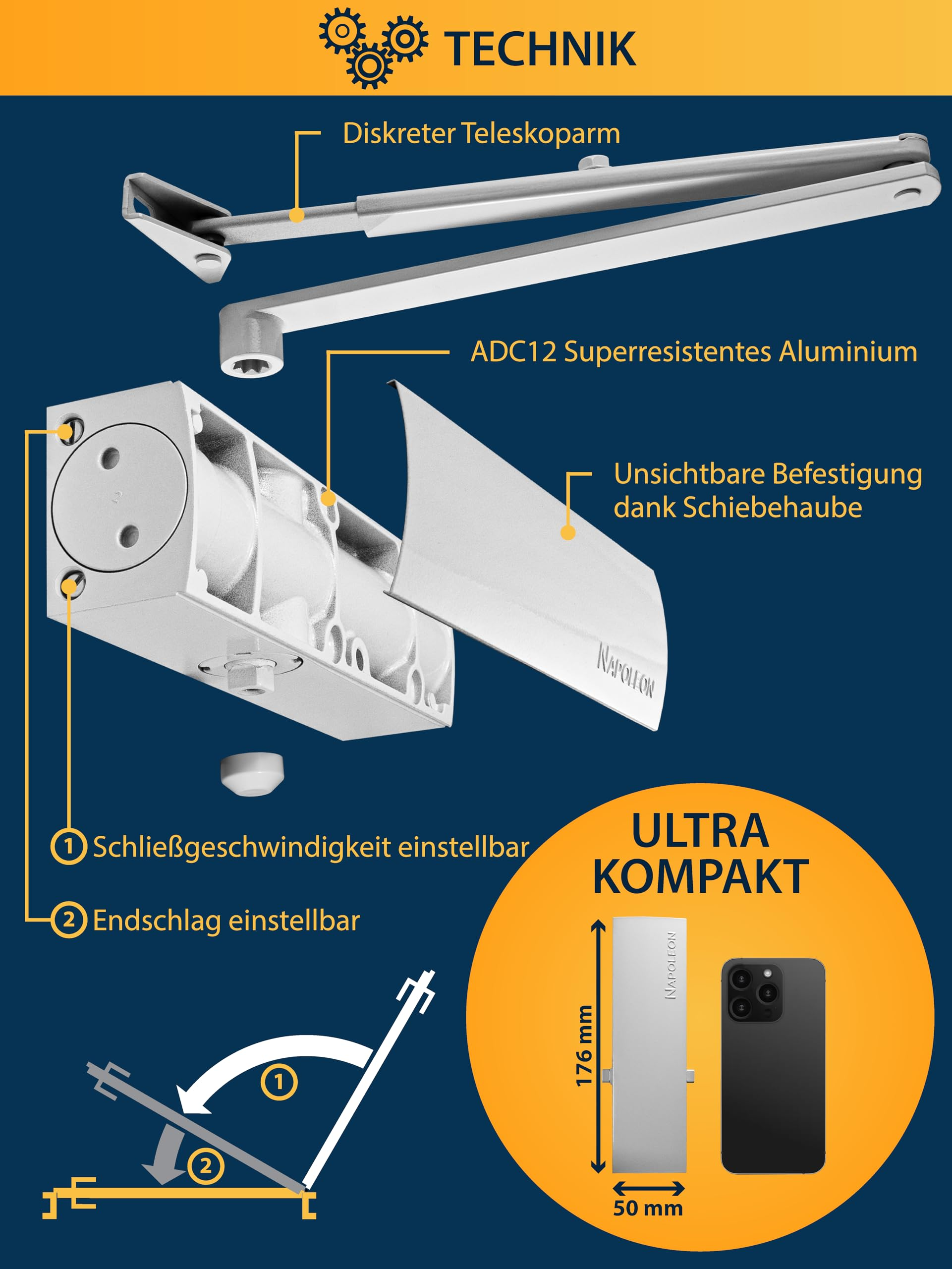 Diagramm zeigt die Technik eines kompakten Aluminium-Türschließers mit Teleskoparm und einstellbaren Funktionen.
