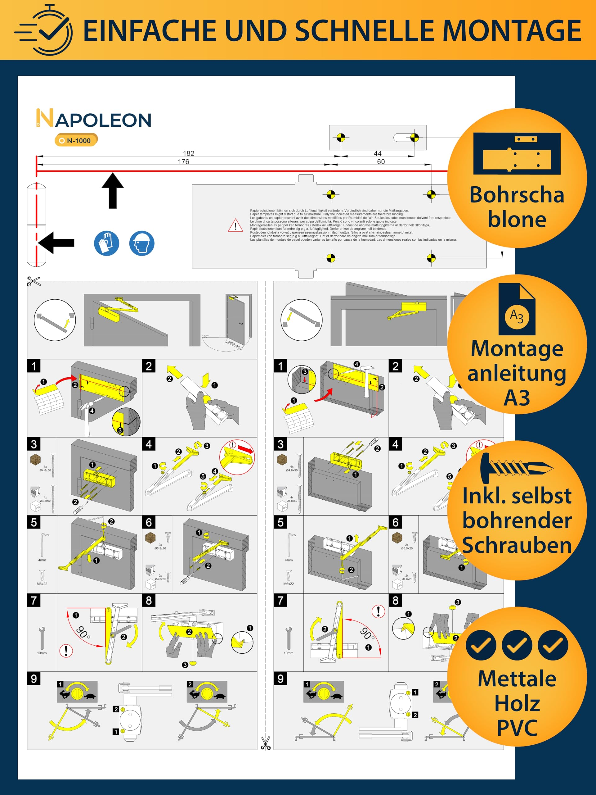 Installationsposter für Napoleon Türschließer mit Diagrammen, Schritten und Messschablonen.