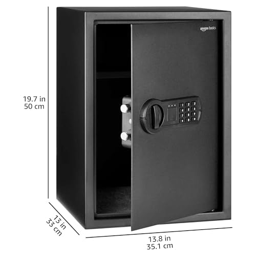 Schwarzer Dokumentensafe mit digitaler Tastatur und offenen Türen auf weißem Hintergrund mit Maßen.