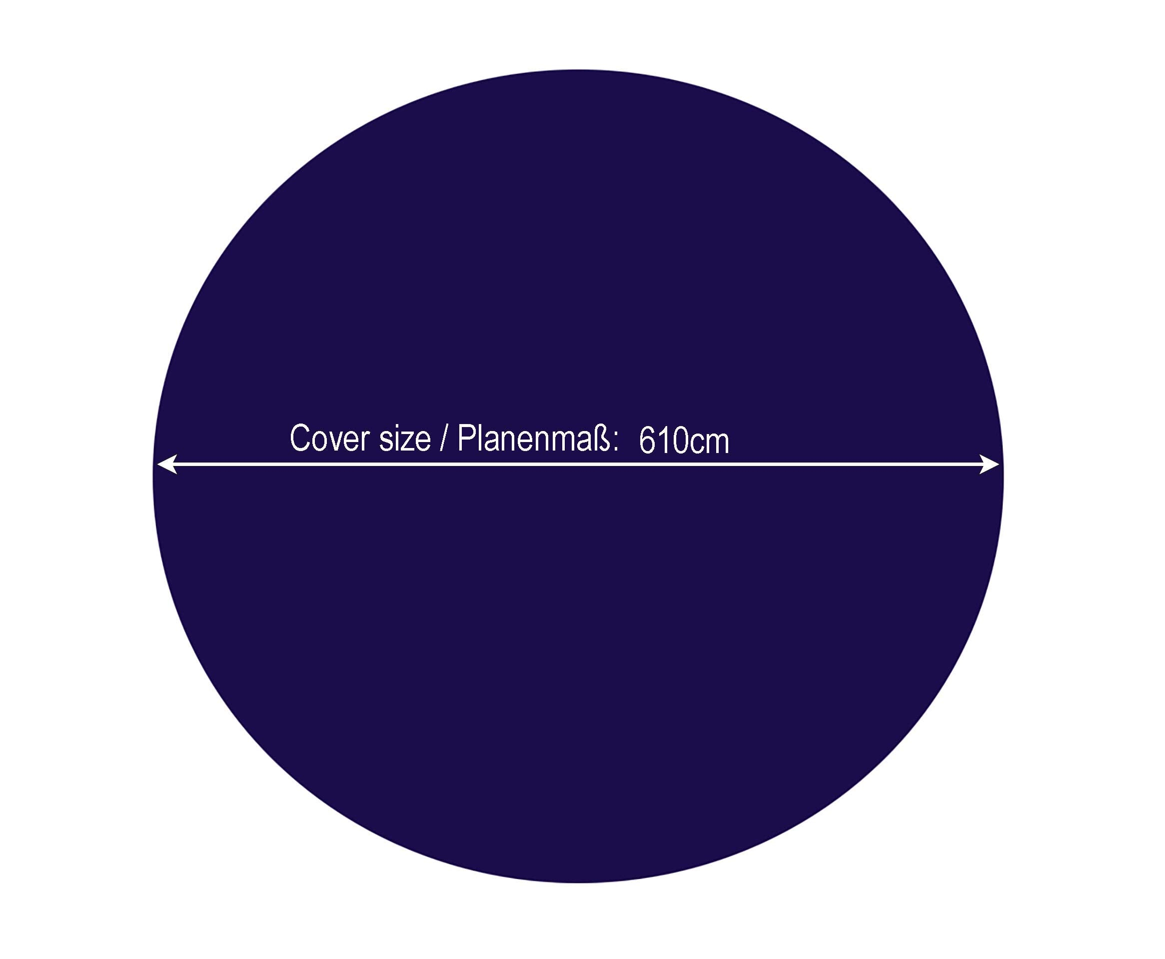 Un cercle bleu foncé avec une double flèche horizontale indiquant une bâche de 610 cm.