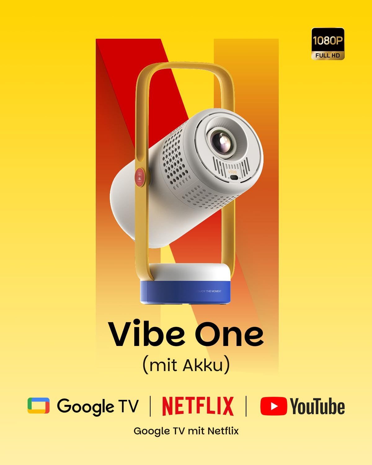 Un proiettore portatile Vibe One bianco e giallo su sfondo giallo con loghi di streaming.