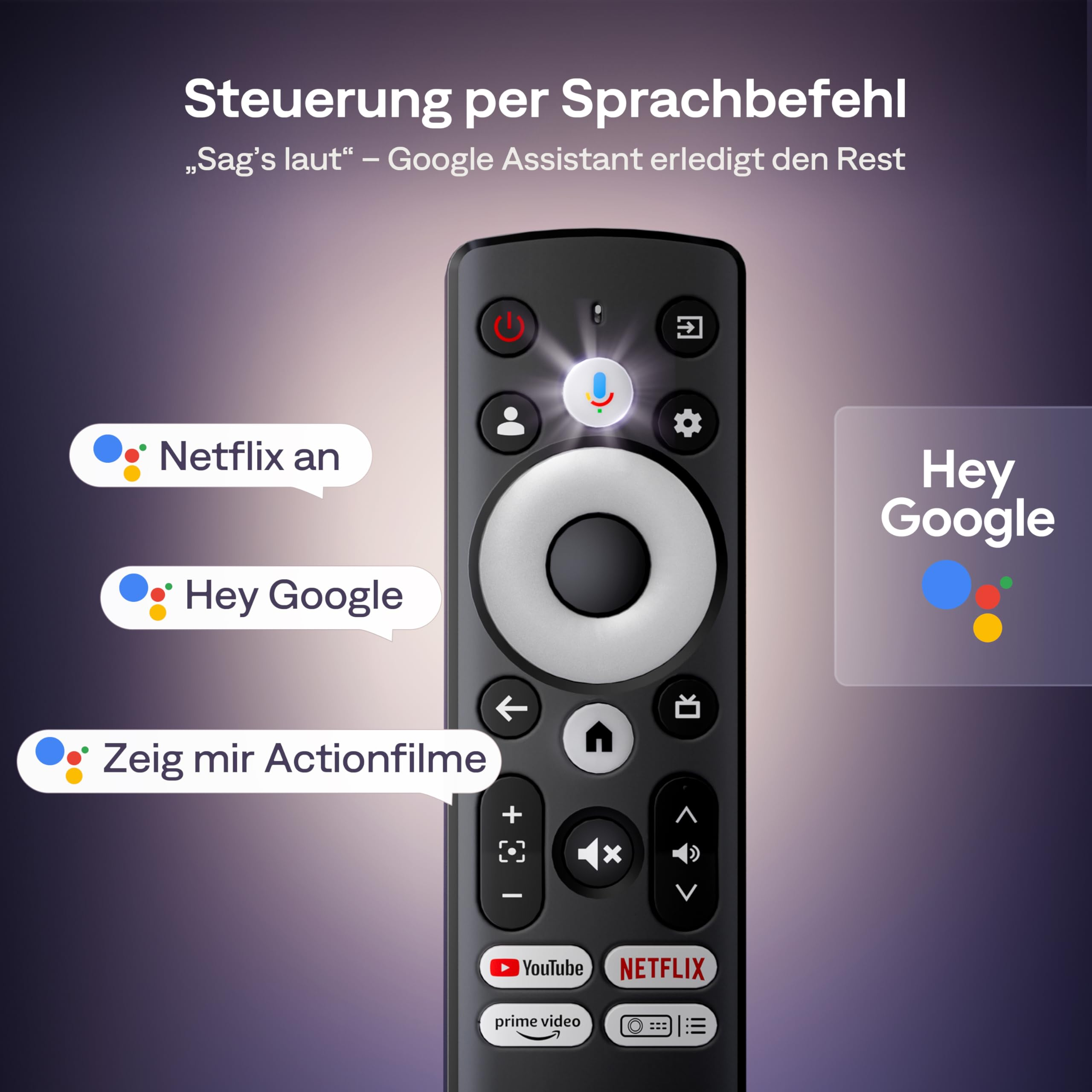 Un telecomando nero con comandi vocali e integrazione Google Assistant.