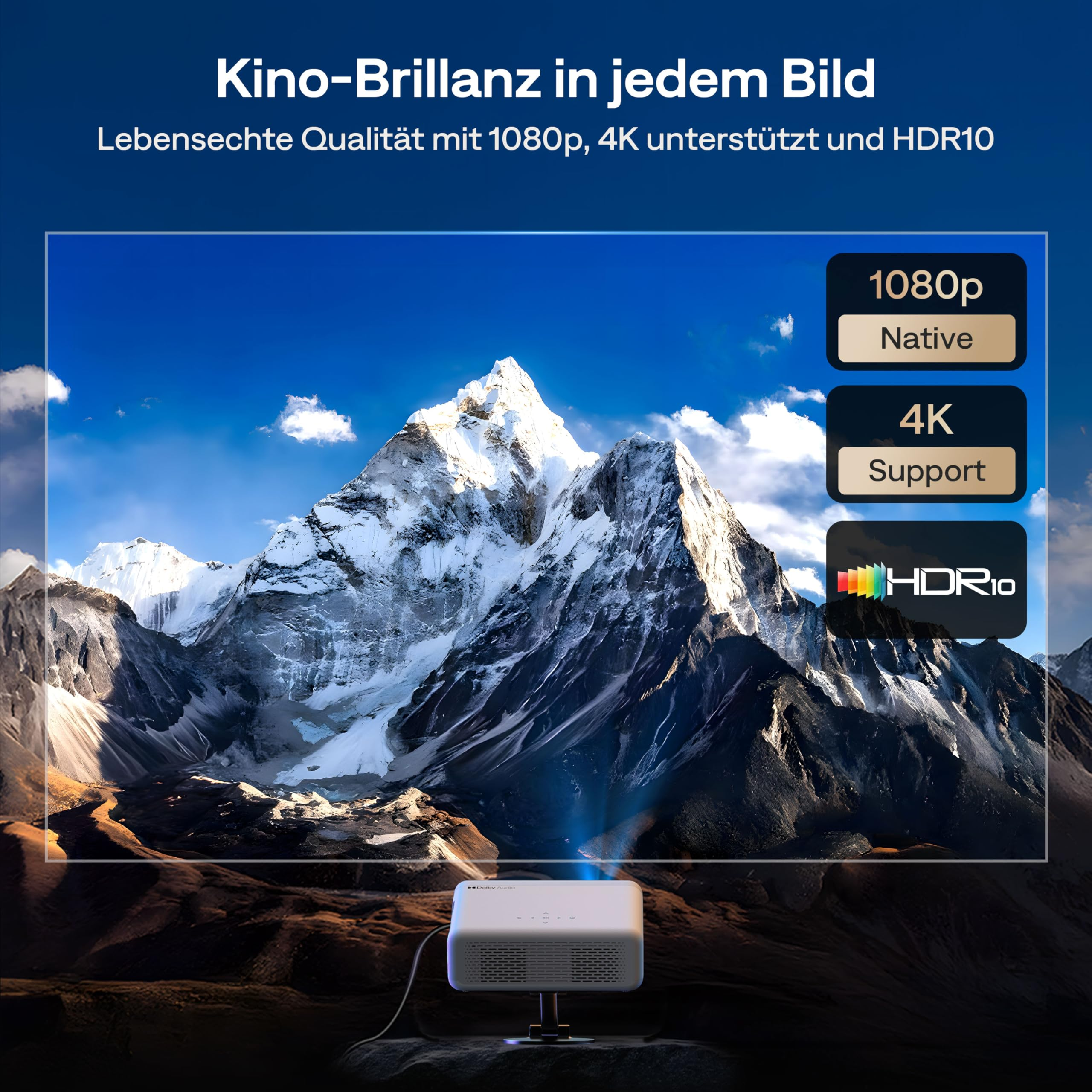 Un proiettore mostra un paesaggio montano innevato con caselle di testo per 1080p, 4K e HDR10.