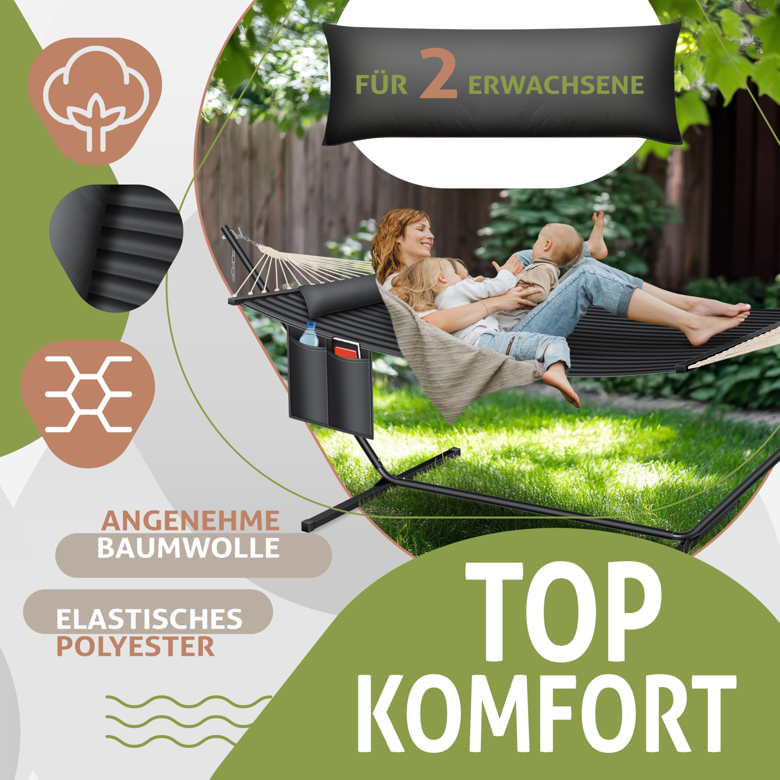 Eine Frau und zwei Kleinkinder liegen entspannt in einer schwarzen Hängematte im Garten.