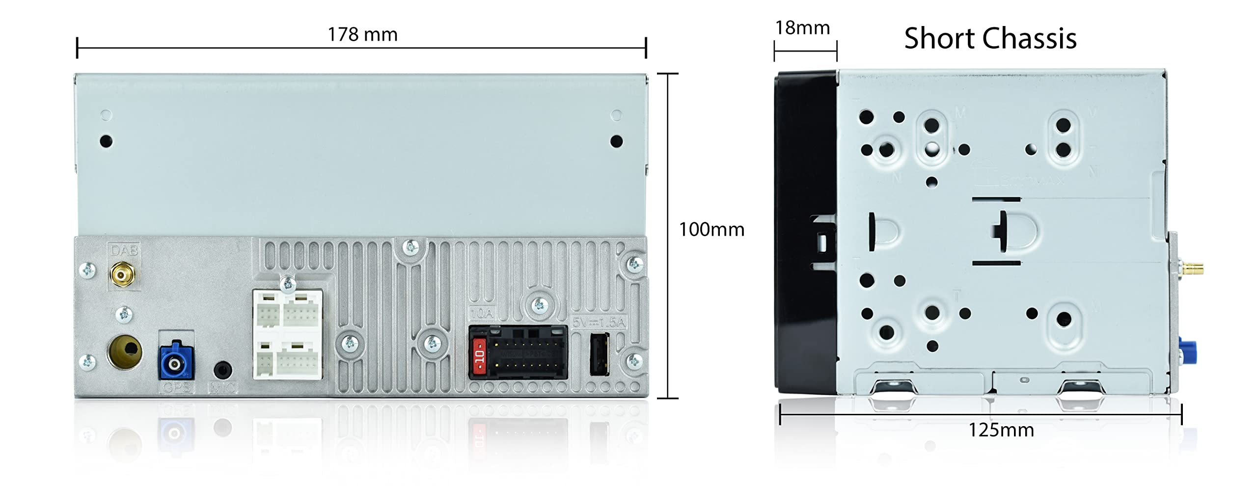 Dessin technique montrant les vues arrière et latérale d'un autoradio avec des dimensions de 178 mm et 100 mm.