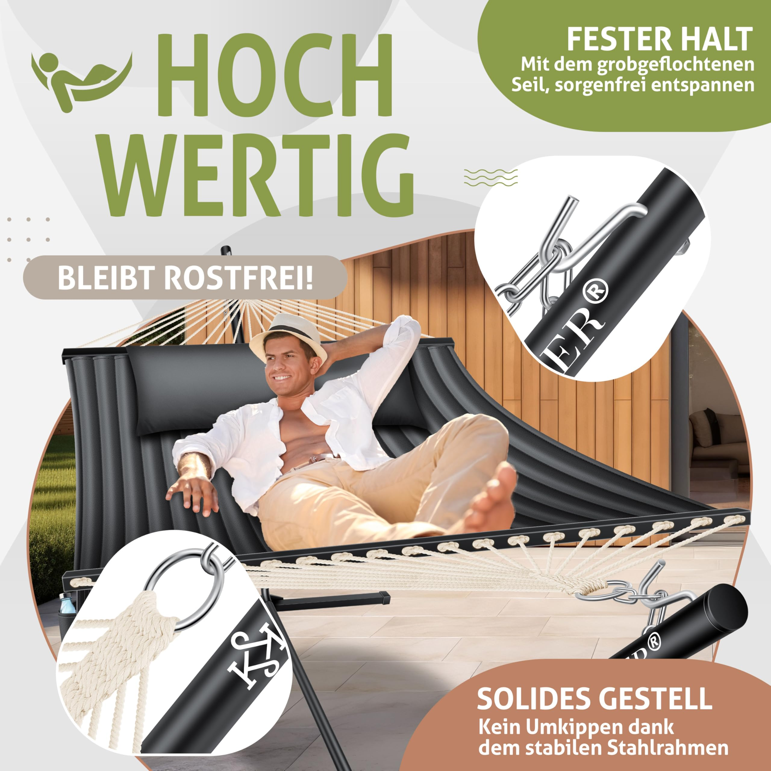 Ein Mann entspannt in einer modernen schwarzen Hängematte auf einer Terrasse mit Text und Detailaufnahmen.