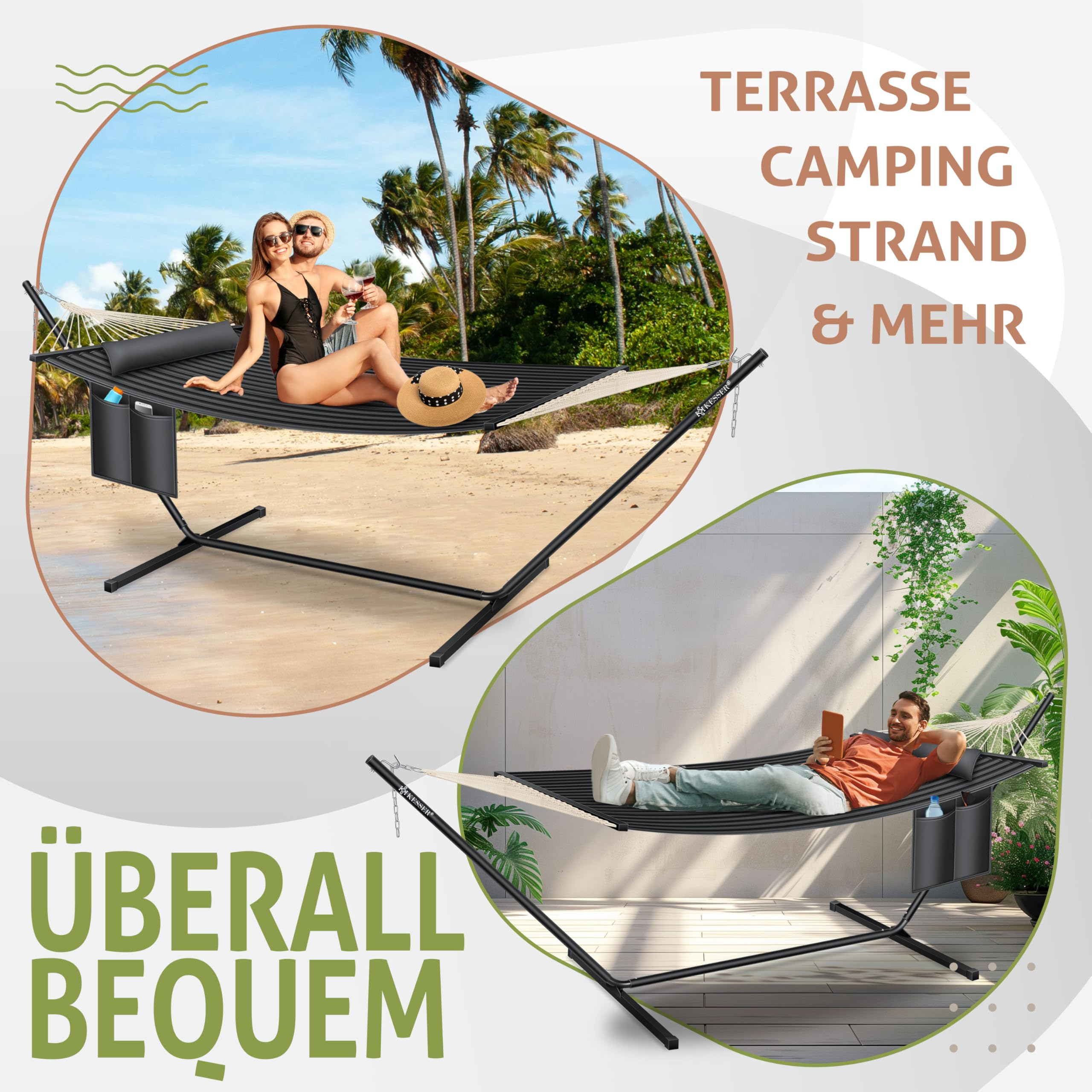 Ein Paar entspannt in einer schwarzen Hängematte am Strand und auf einer Terrasse.