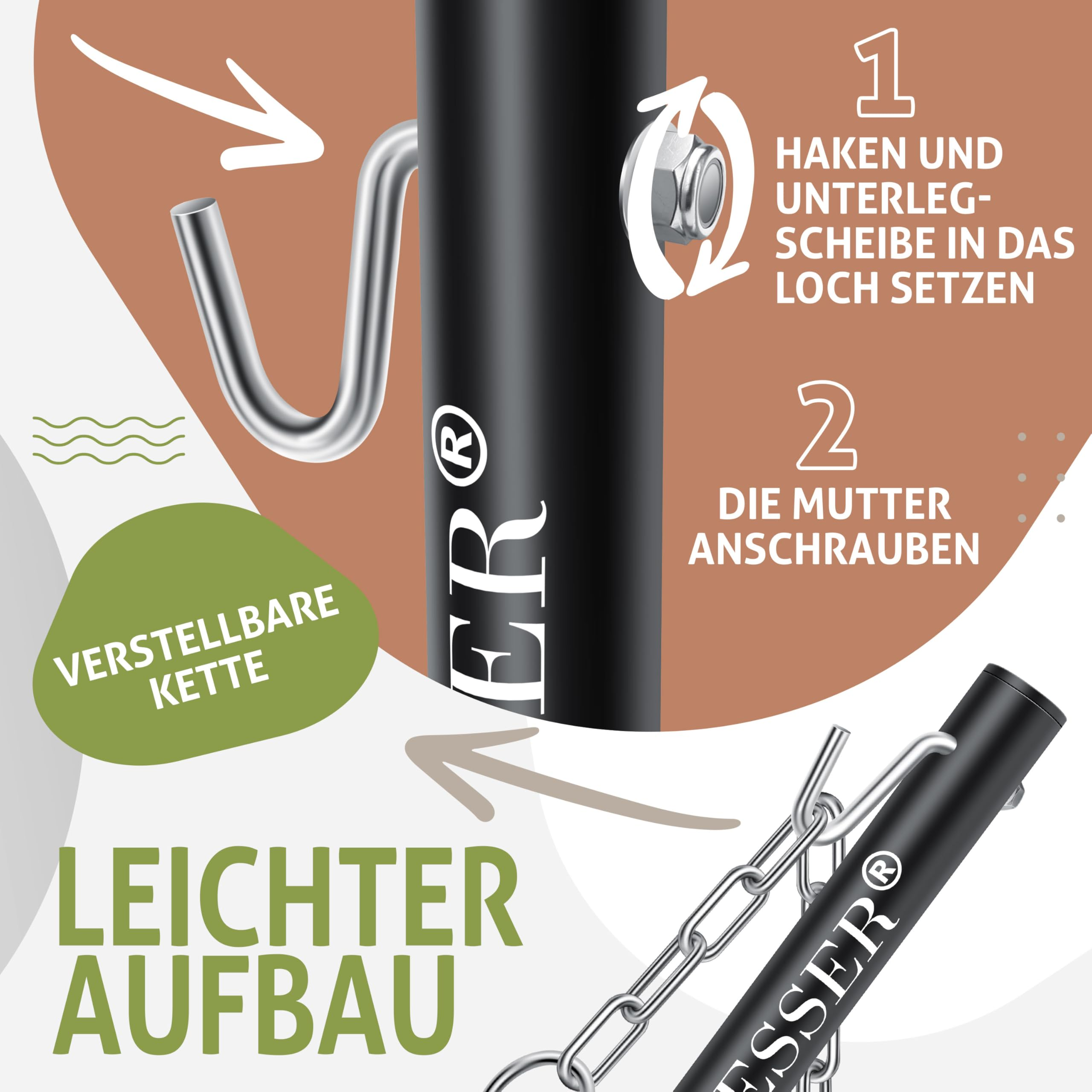 Anleitung für den Aufbau mit Haken, Unterlegscheibe und Mutter an einer Stange.