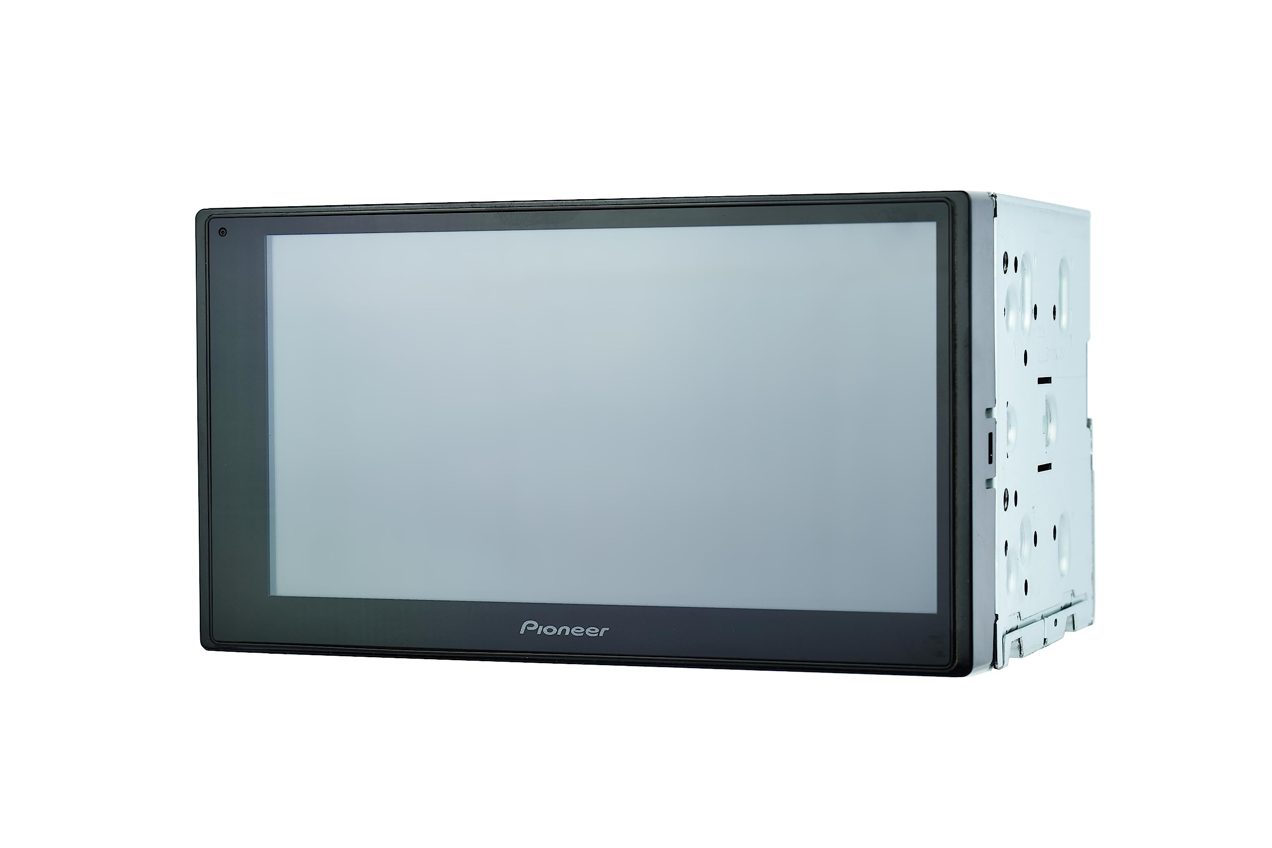 Un autoradio Pioneer avec un grand écran tactile et un boîtier métallique sur fond blanc.
