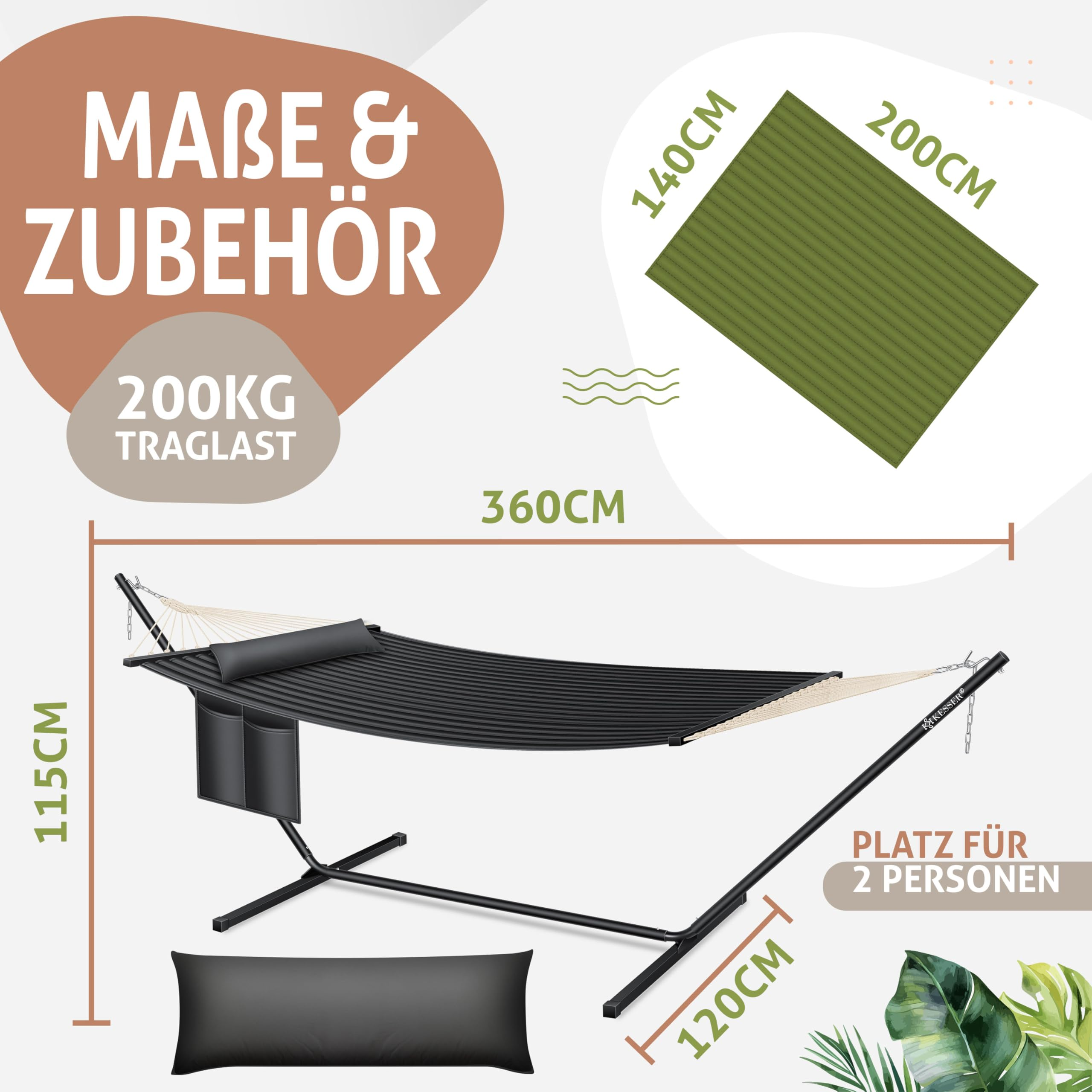 Technische Zeichnung einer schwarzen Hängematte mit Gestell, Maßen (360x115x120cm), Kissen und grünem Tuch (200x140cm).