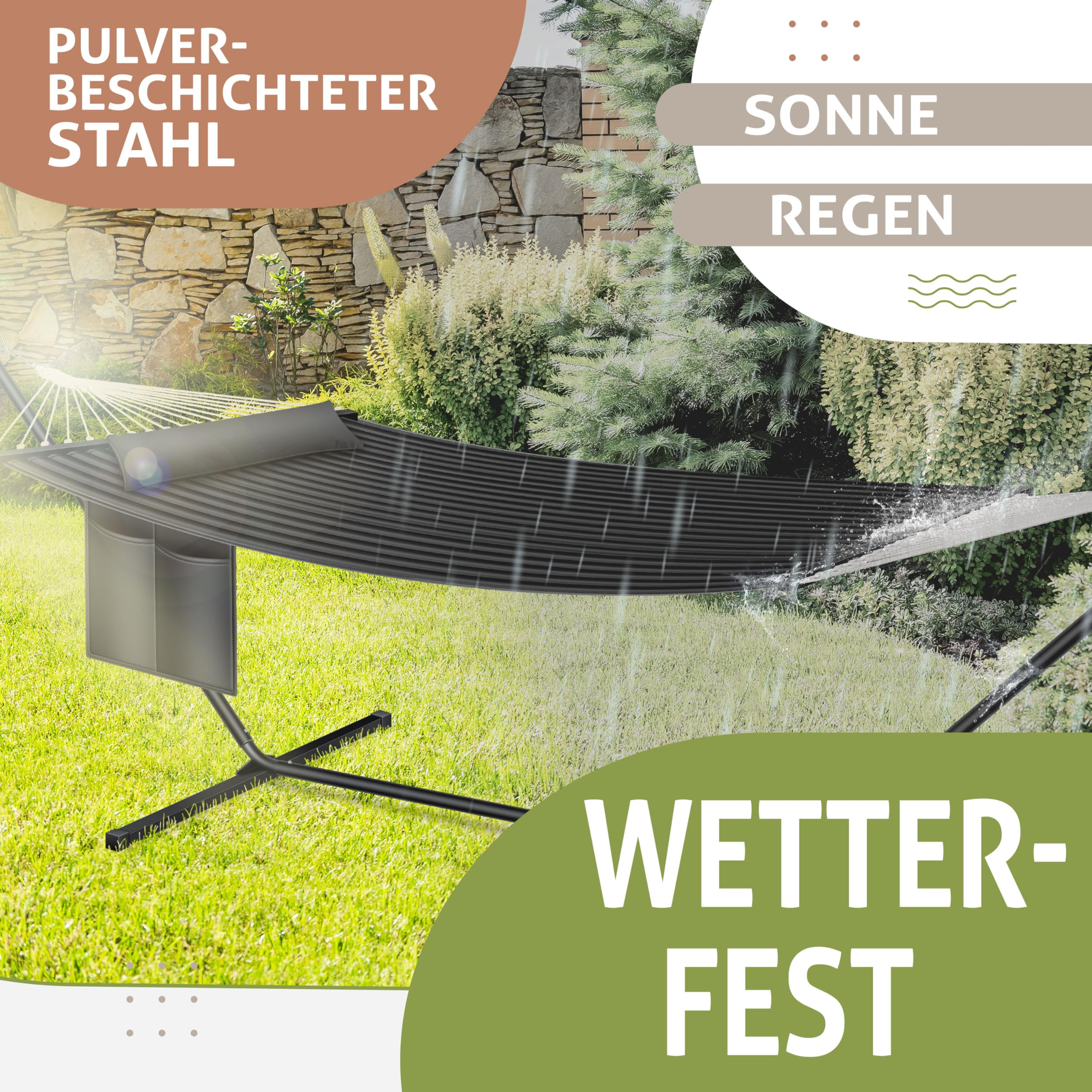 Eine schwarze wetterfeste Hängematte steht auf grünem Rasen mit Pflanzen im Hintergrund und deutschen Texten.