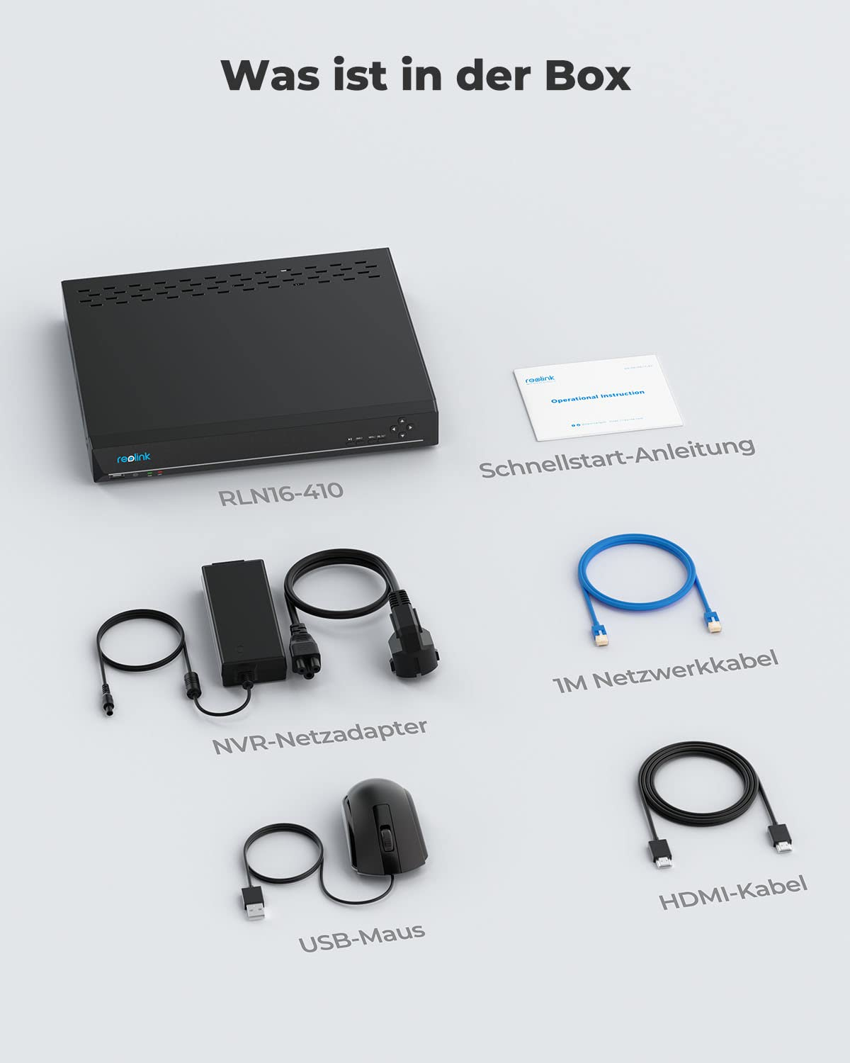 Contenu de la boîte avec NVR, guide, adaptateur secteur, câble réseau, souris USB et câble HDMI sur fond blanc.