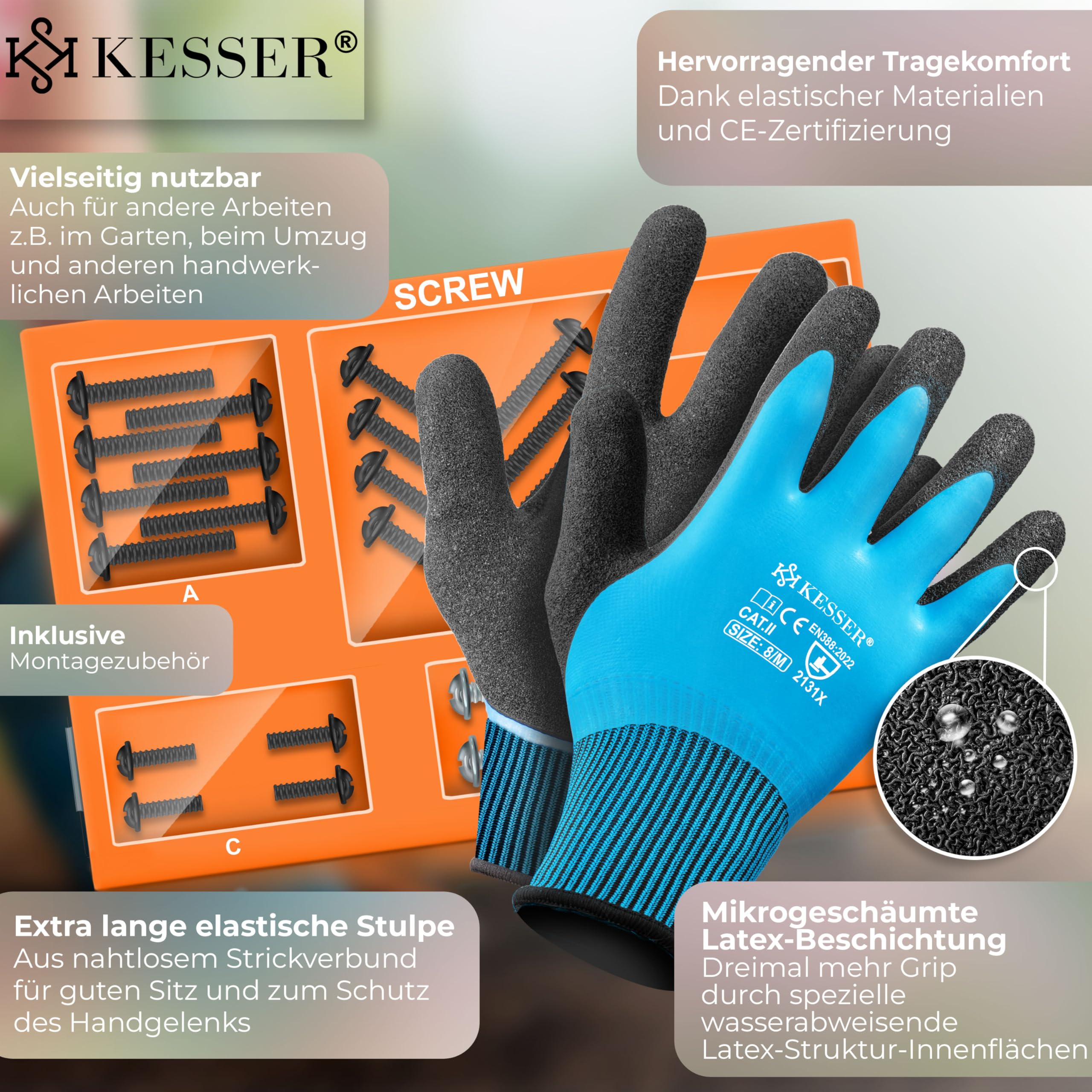 Gants de travail bleus et noirs devant un fond de vis orange avec des zones de texte.