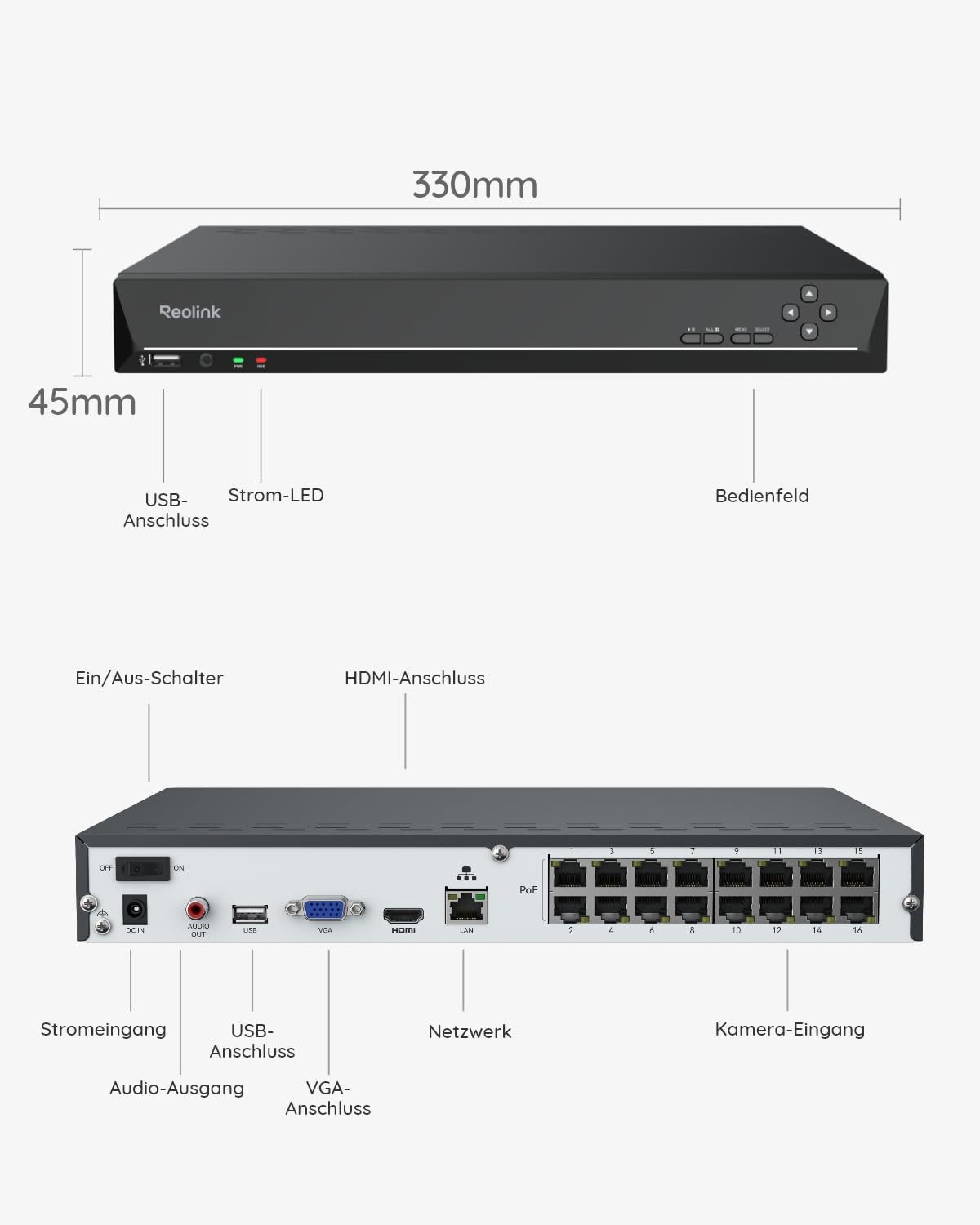Vues avant et arrière d'un appareil NVR Reolink noir, de 330 mm sur 45 mm, avec des ports étiquetés.