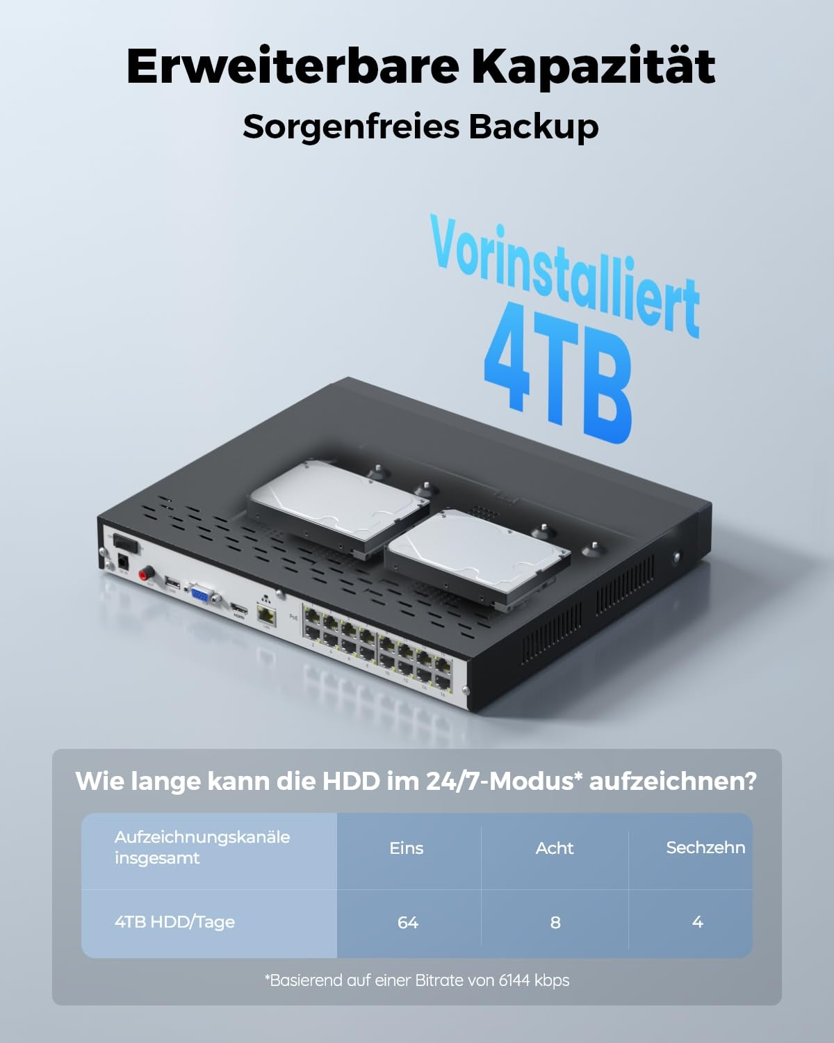 Enregistreur de surveillance avec deux disques durs et tableau de durée.