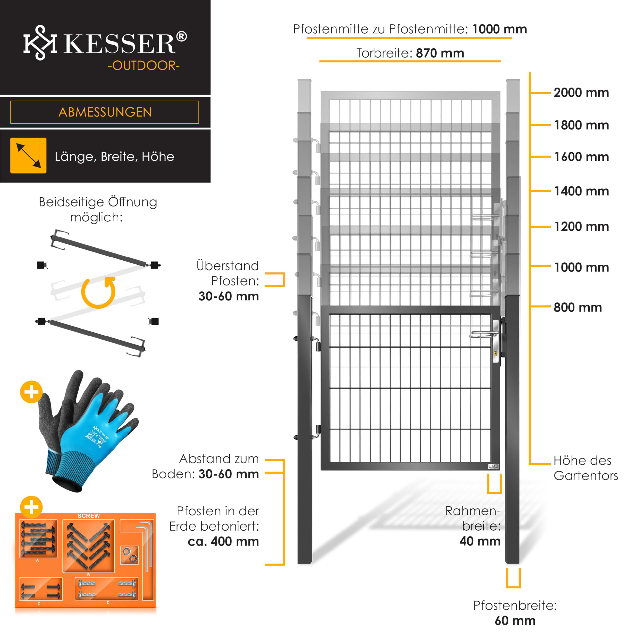 Schéma technique montrant les dimensions et les détails d'installation d'un portillon de jardin métallique avec vis.