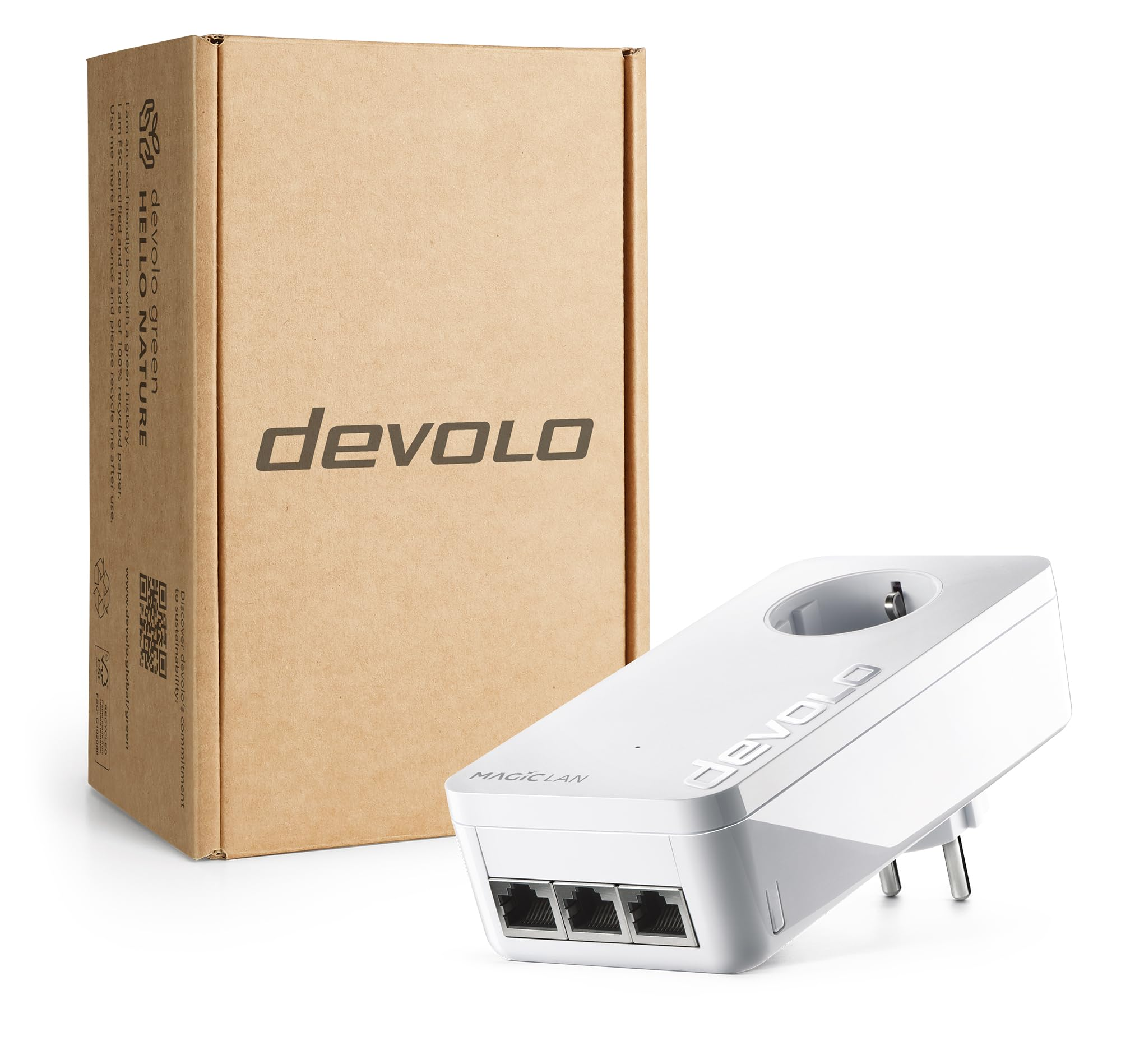 Un adattatore devolo Magic LAN bianco con tre porte Ethernet si trova davanti alla sua scatola di cartone.