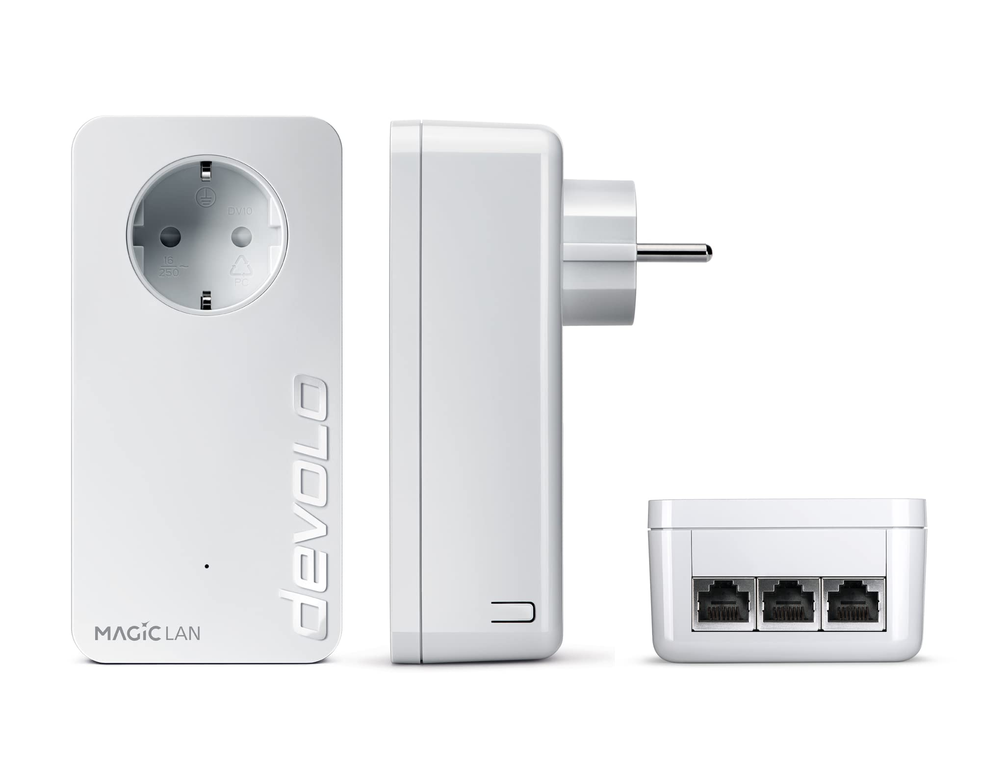 Adattatore Powerline Devolo Magic LAN bianco visto frontalmente, di lato e con tre porte Ethernet.