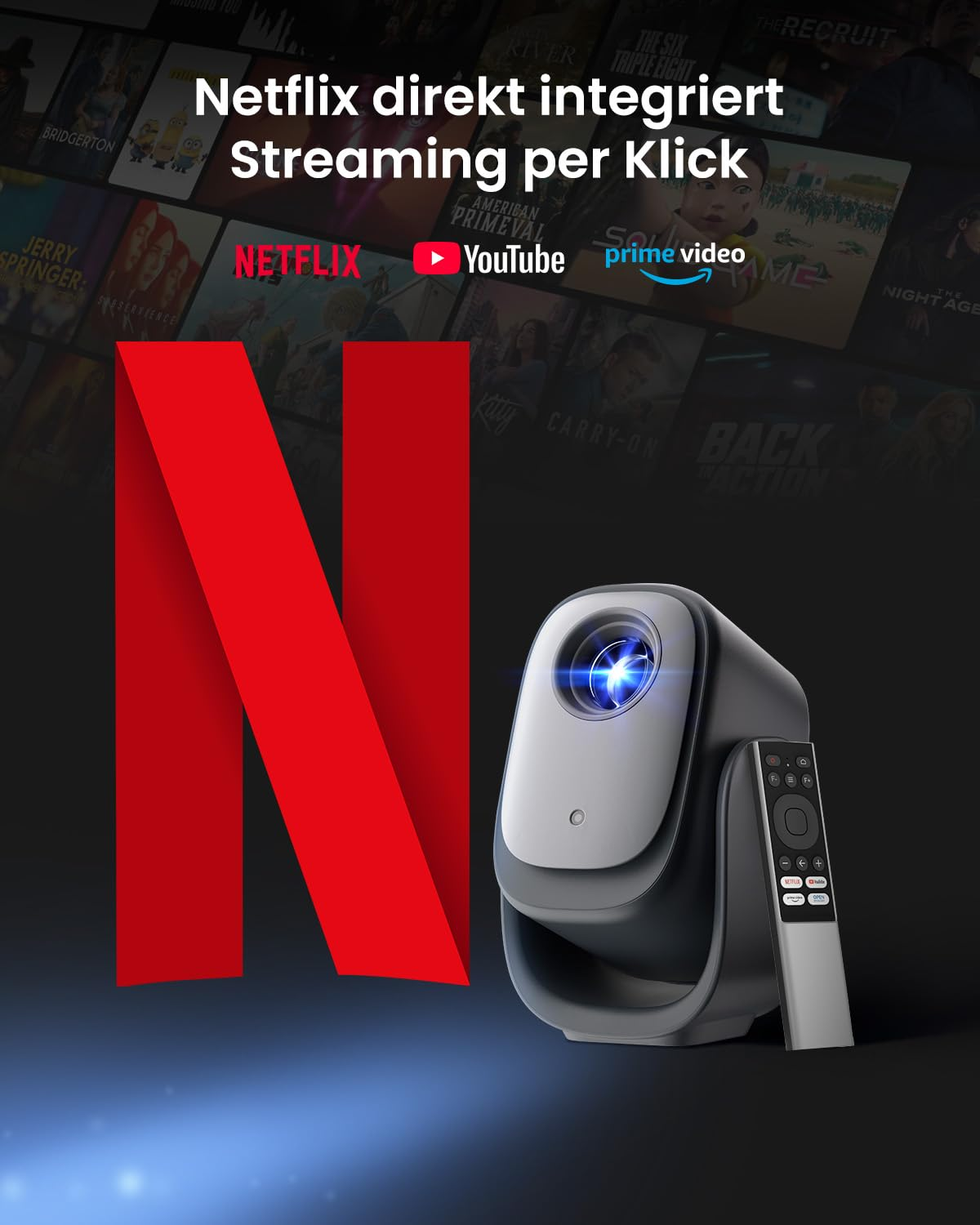 Un proiettore, un telecomando e il logo Netflix su uno sfondo scuro a tema cinematografico.