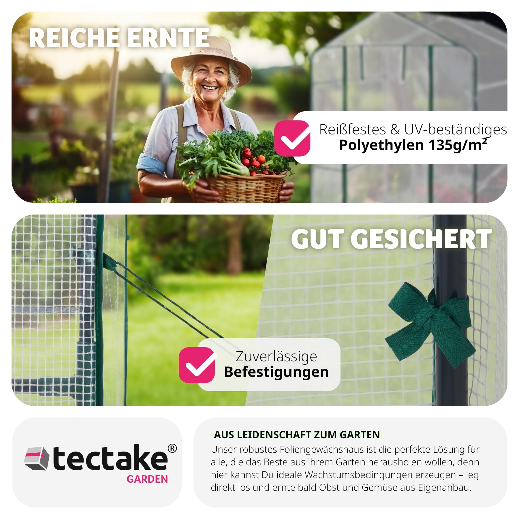 Femme âgée avec panier de légumes devant serre; gros plans de fixations; logo Tectake Garden et description.